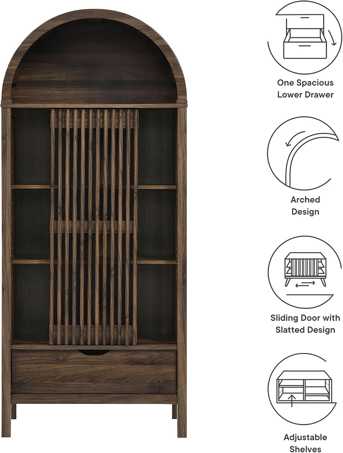 Modway Vaughn 71 Inch Arched Display Cabinet in Walnut - Modern Arch Bookcase with Drawer and Adjustable Shelves - Tall Storage Cabinet for Living Room, Dining Room, Hallway