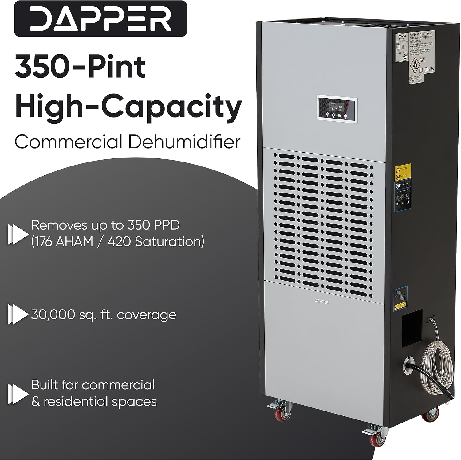 350 Pints Commercial Dehumidifier for Basements & Industrial Spaces – Built-In Pump, Drain Hose, Continuous Operation, 2-Speed Fan, 30000 Sq Ft Coverage