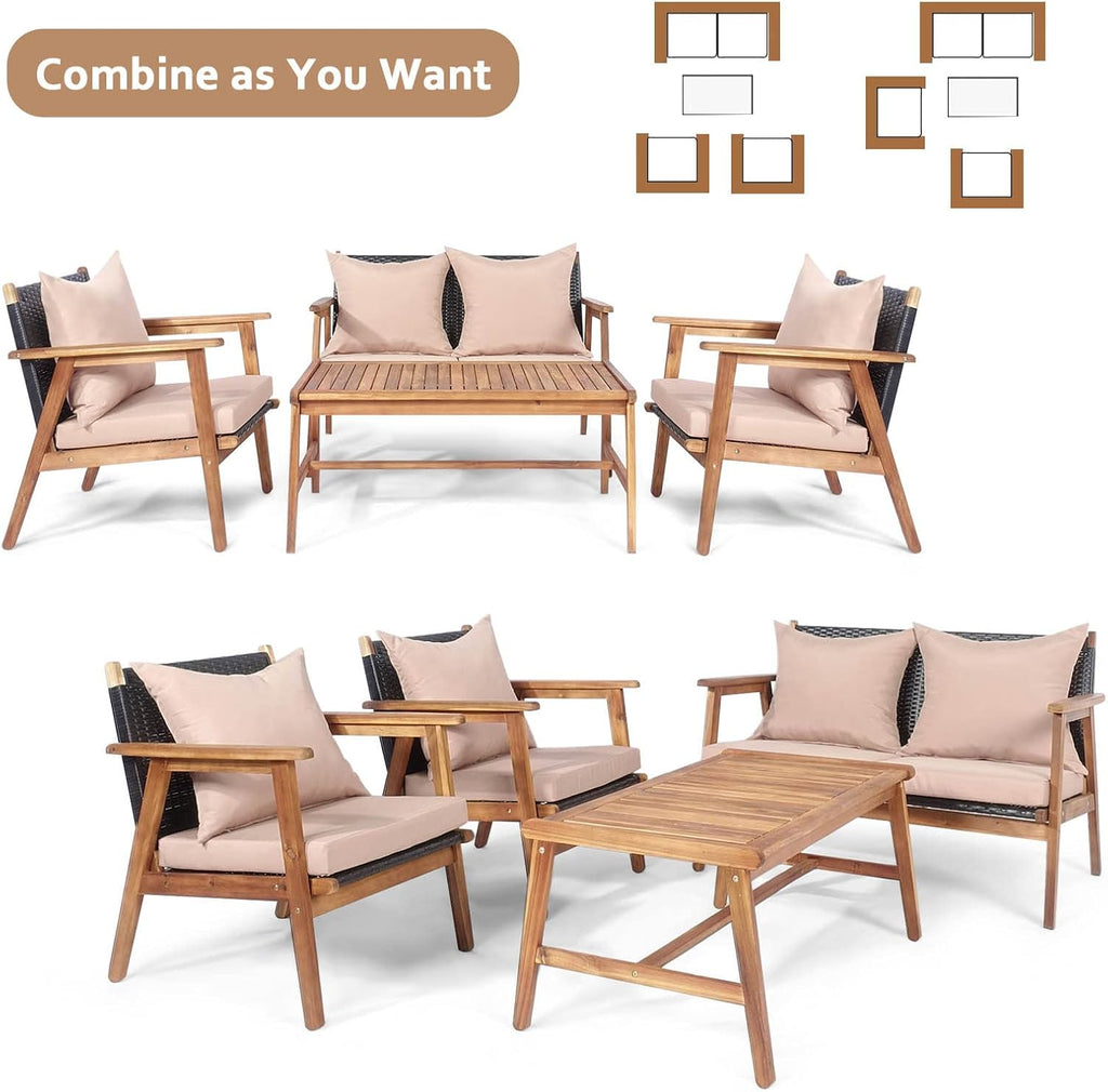 Tangkula 4-Piece Patio Furniture Set, Outdoor Acacia Wood Conversation Set with Cushions and Coffee Table, Outdoor PE Wicker Sectional Sofa Set for Garden, Poolside and Backyard (1, Beige)