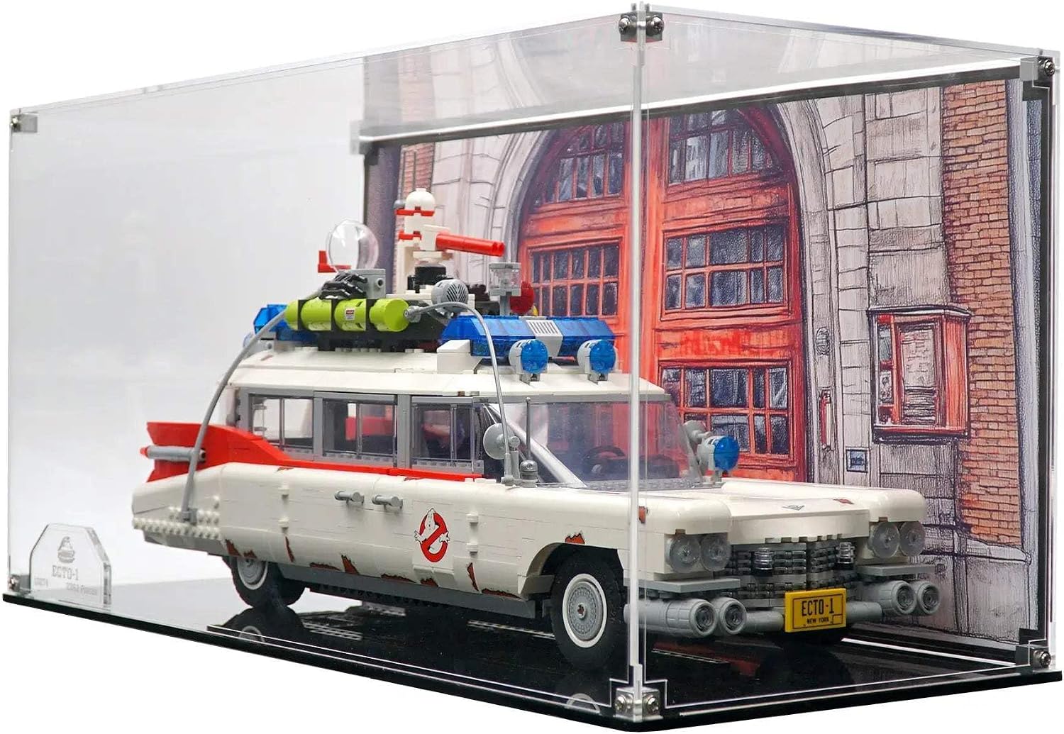 Display Case Compatible with Lego Ser 10274 - Ghostbusters ECTO-1 - Acrylic Dustproof Showcase with Pre-Printed Background - Set Not Included