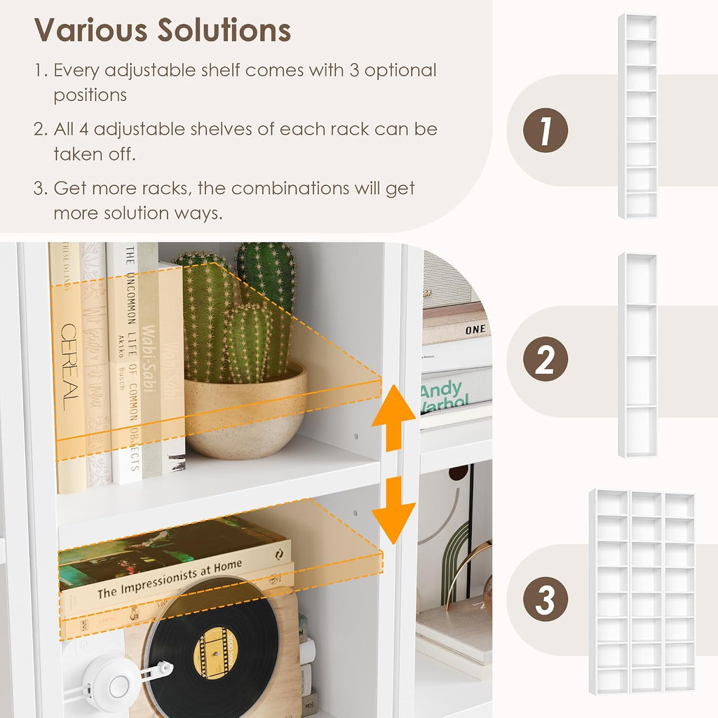 FOTOSOK 2 Pcs 71'' Tall Narrow Bookshelf, 8-Tier Media Tower Rack Set of 2, CD DVD Storage Cabinet with Adjustable Shelves, Tall Narrow Bookcase Skinny Display Bookshelf Slim Shelf, White