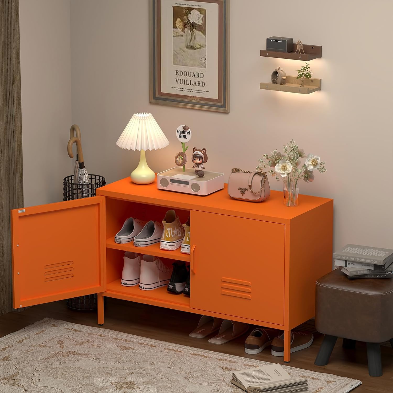 IRONFFICE Locker Cabinet,Metal Storage Cabinet with 2 Doors,Morden TV Stand for Living Room,Bedroom,Orange