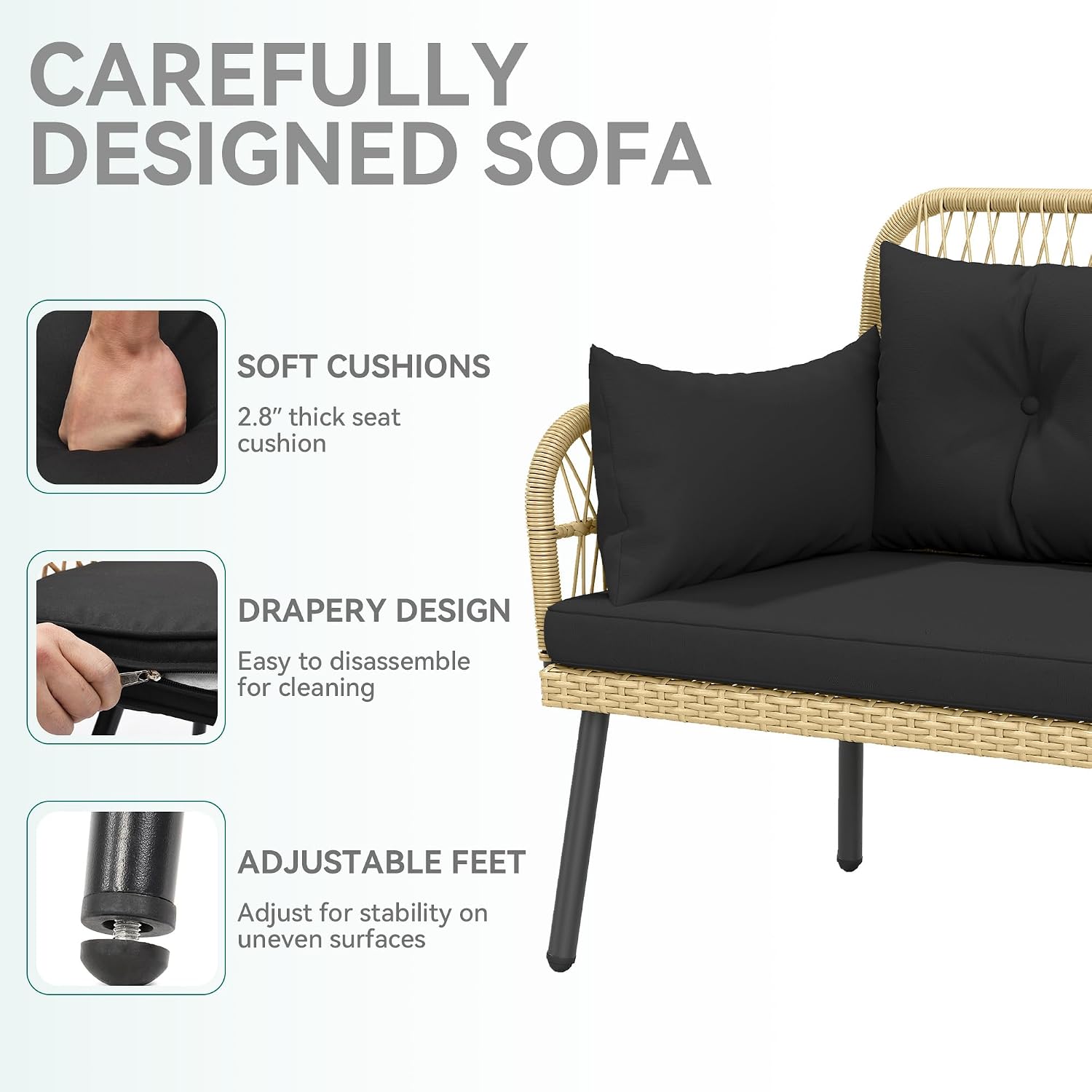 YITAHOME Outdoor Patio Loveseat, Two-Seater Wicker Patio Sofa with Handwoven Rattan and Cushions, Porch Furniture for Backyard, Balcony, and Deck, Light Brown and Black