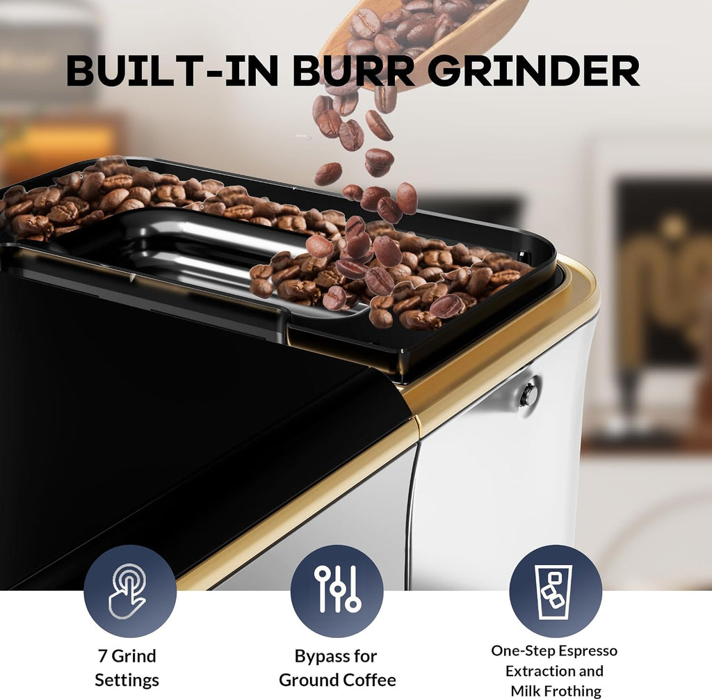 Super Automatic Espresso Machine 20 Bar With Milk Frother, Fully Automatic Bean to Cup Espresso Cappuccino and Latte Iced Coffee Maker Built-In Burr Grinder, Milk Container, Intuitive Touch Display