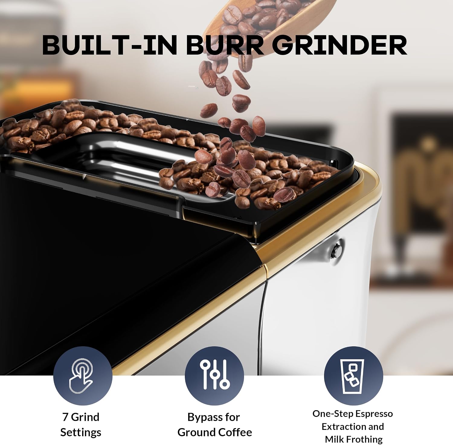 Super Automatic Espresso Machine 20 Bar With Milk Frother, Fully Automatic Bean to Cup Espresso Cappuccino and Latte Iced Coffee Maker Built-In Burr Grinder, Milk Container, Intuitive Touch Display