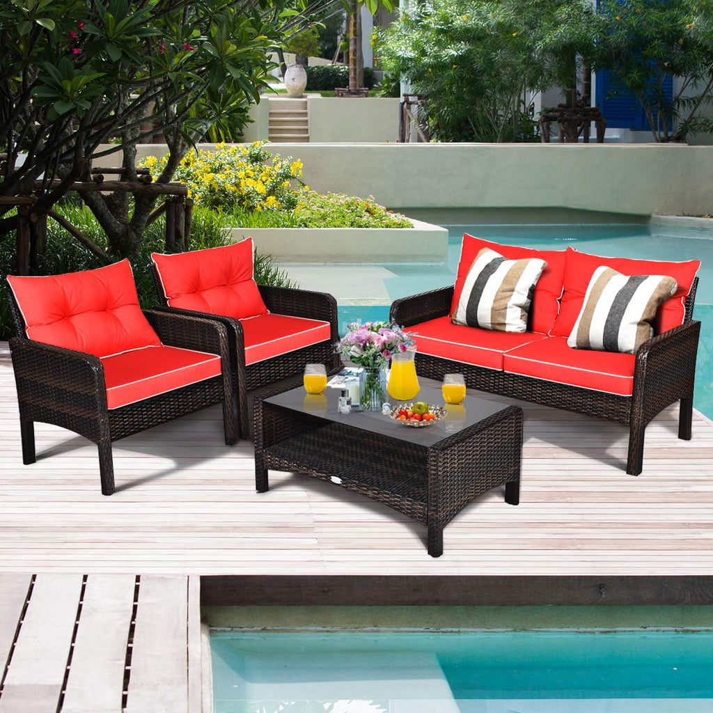 Tangkula 4 Piece Patio Furniture Set, Outdoor Wicker Conversation Set with Glass Top Coffee Table, All Weather Proof and Thick Cushions, Suitable for Porch, Garden, Poolside and Lawn (Red)