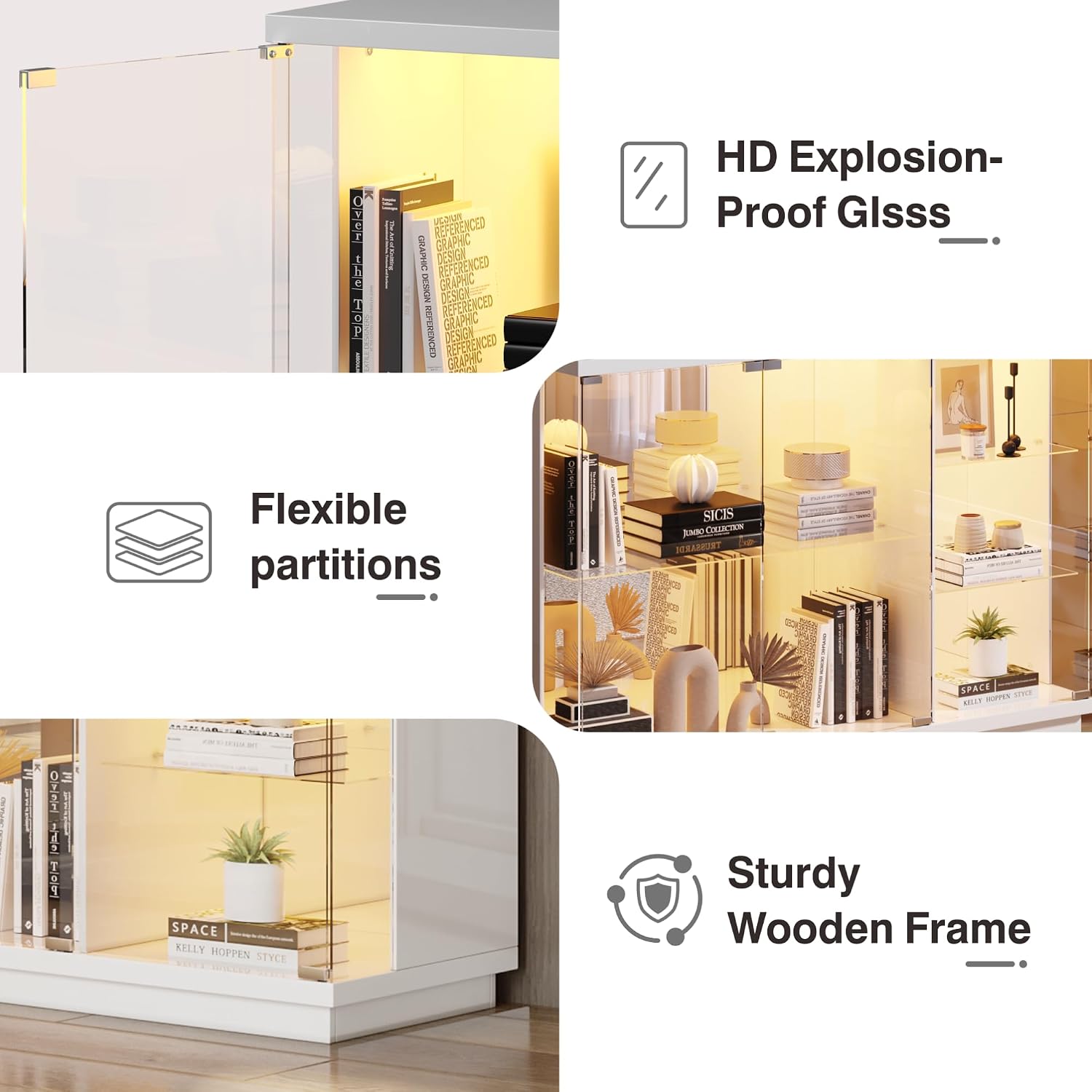 Lvifur Glass Display Cabinet with Lock & LED Light, High Gloss Sideboard with Human Body Sensor & Glass Shelves for Toys, Books, Collectibles, Liquor, Bookcase for Living Room, Kitchen, Study, White