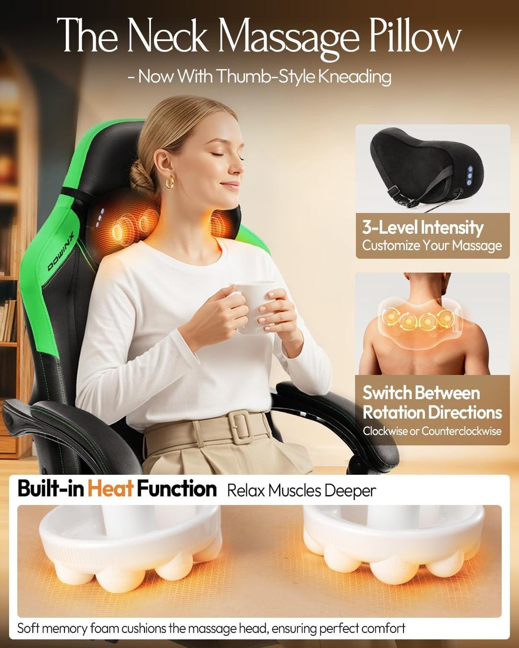 Dowinx Gaming Video Gaming Chair with Shiatsu Neck Massage and Lumbar Support for Home Office High Back Recliner Height Adjustable Ergonomic Comfy Leather Computer Desk Chair (Green)