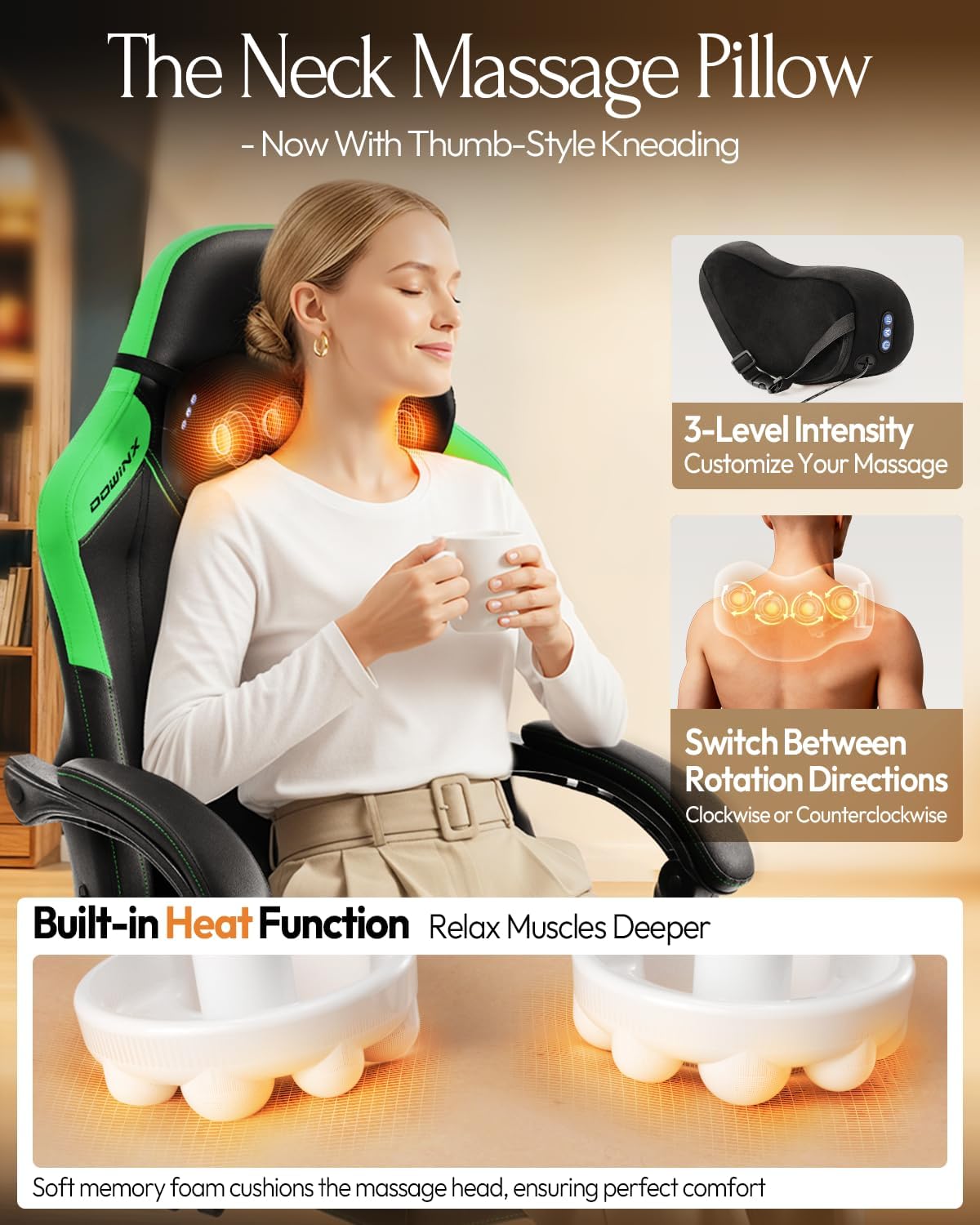 Dowinx Gaming Video Gaming Chair with Shiatsu Neck Massage and Lumbar Support for Home Office High Back Recliner Height Adjustable Ergonomic Comfy Leather Computer Desk Chair (Green)