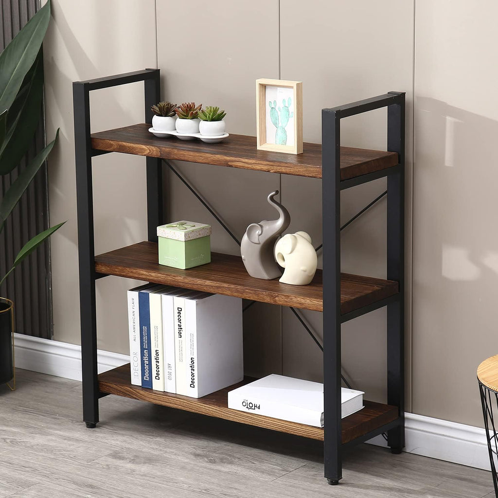 WH-AOERPUMY Natural Real Solid Wood Bookcase,3 Tier Metal and Wood Open Book Shelf Storage Farmhouse Wide Etagere Bookcase for Office Living Bedroom