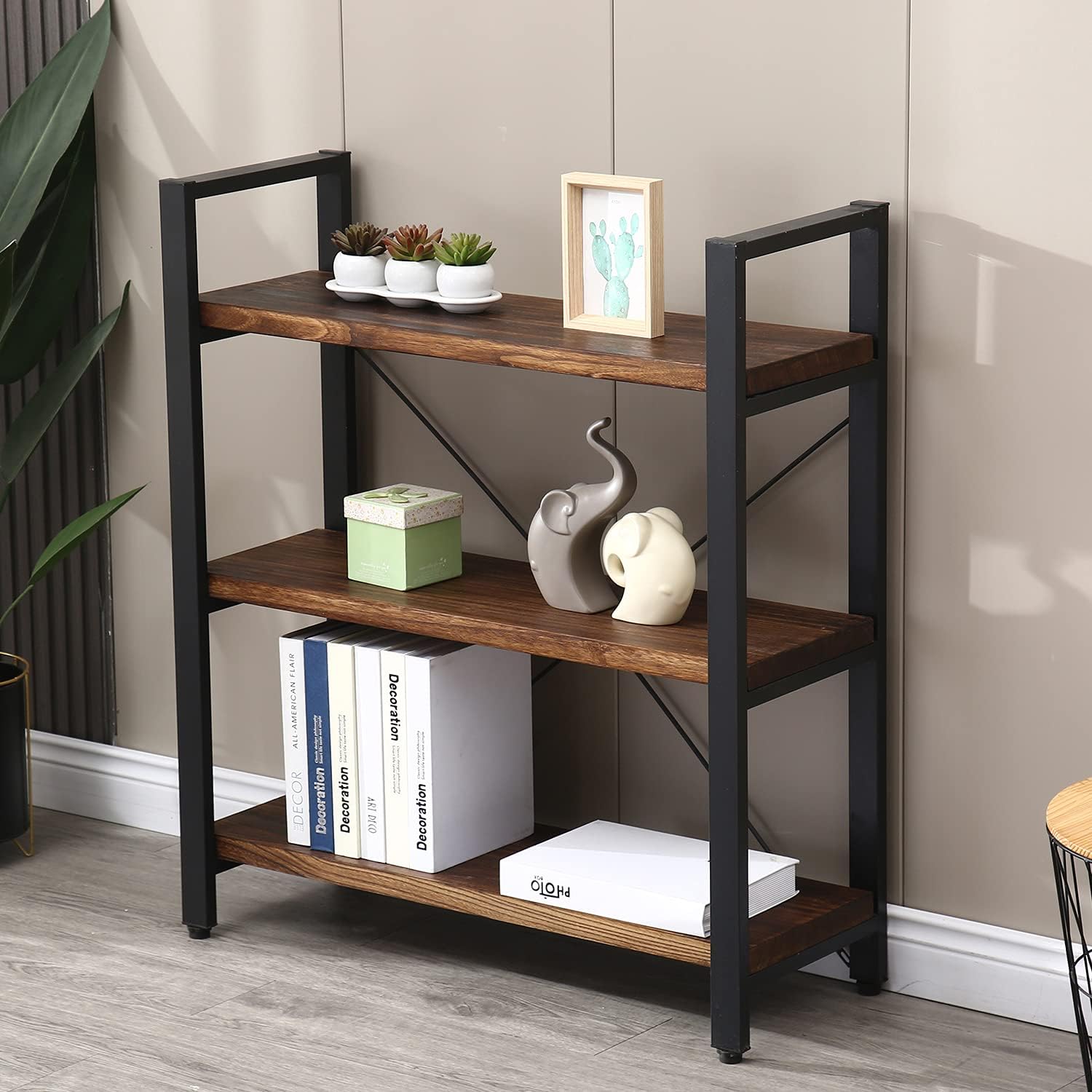WH-AOERPUMY Natural Real Solid Wood Bookcase,3 Tier Metal and Wood Open Book Shelf Storage Farmhouse Wide Etagere Bookcase for Office Living Bedroom