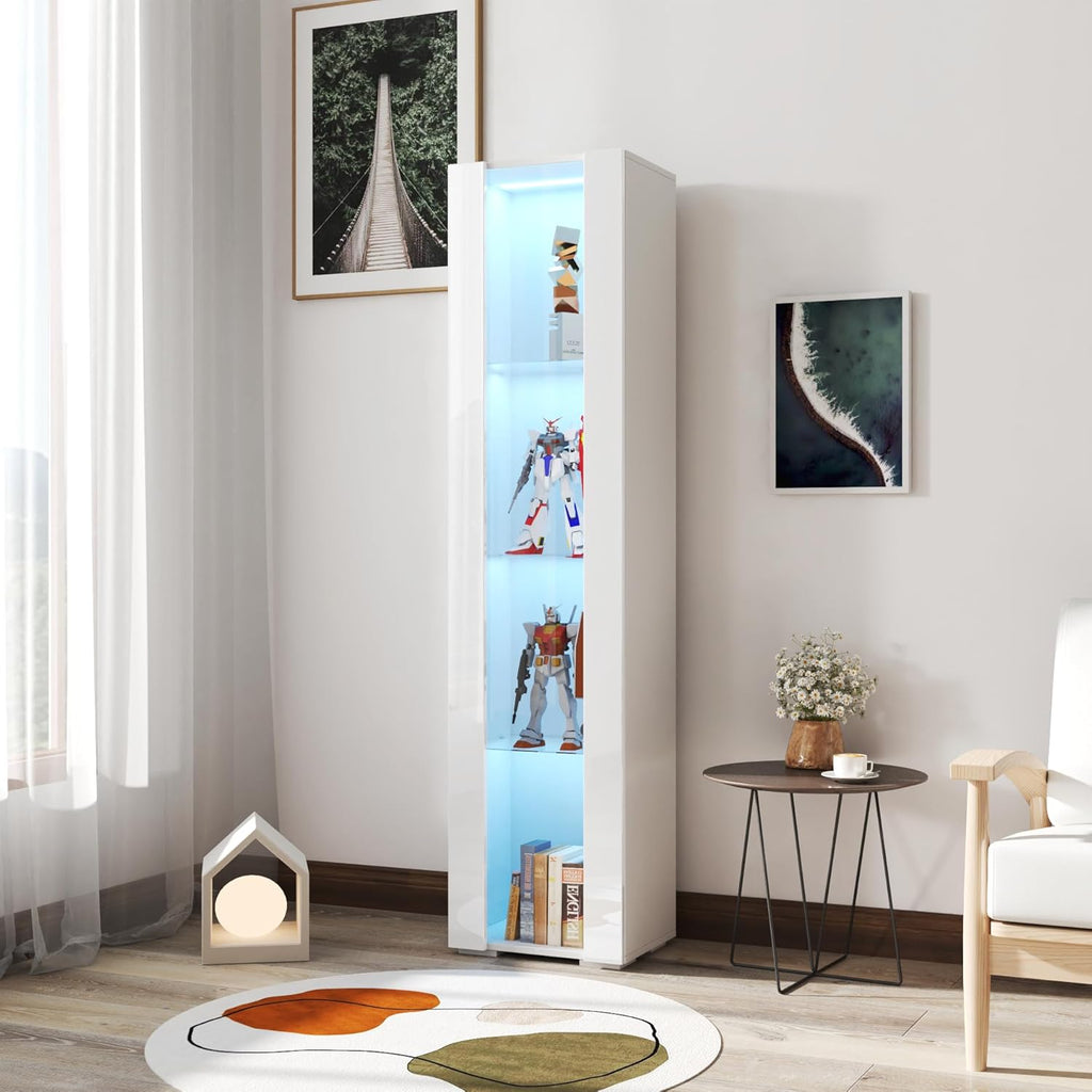 67' LED Display Cabinet with 4 Glass Shelves & 1 Door, Modern Curio Cabinet Collection Display Case Storage Cabinet, High Gloss Floor Standing Bookshelf for Living Room Bedroom Office (White)