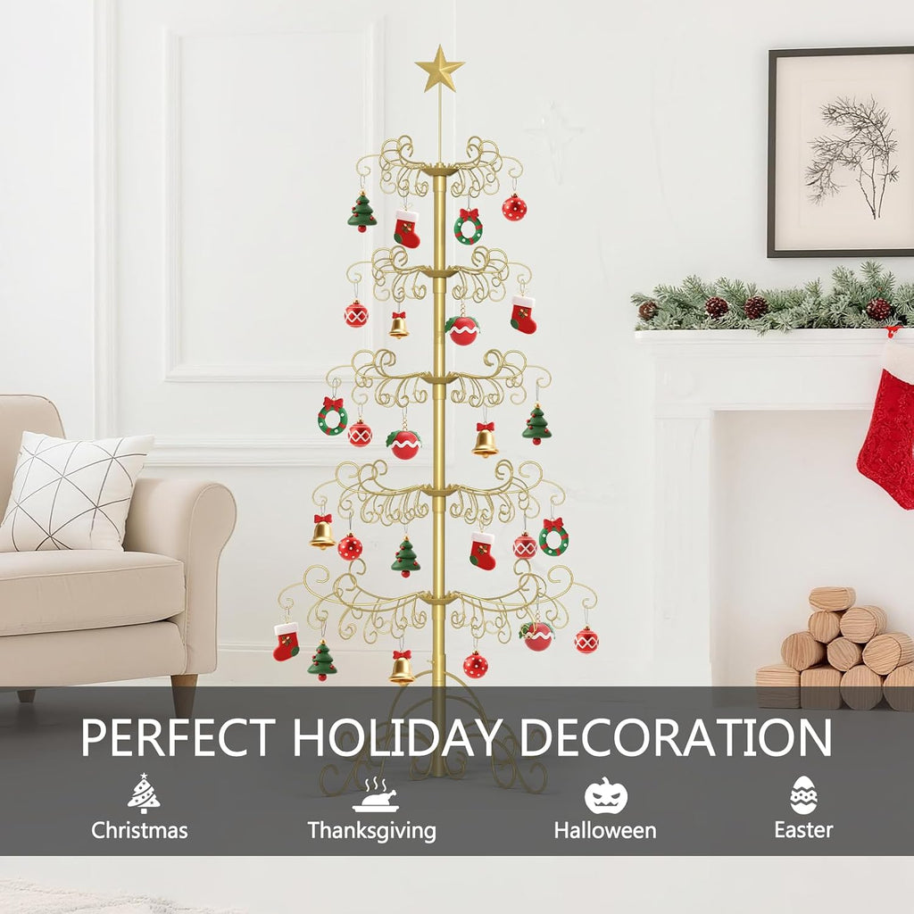 SUNYRISY 2Pack 6Ft Metal Ornament Display Stand Wrought Iron Christmas Tree with Wire Hanging Hooks for Holiday Christmas Halloween Balls Decoration Gift, Gold