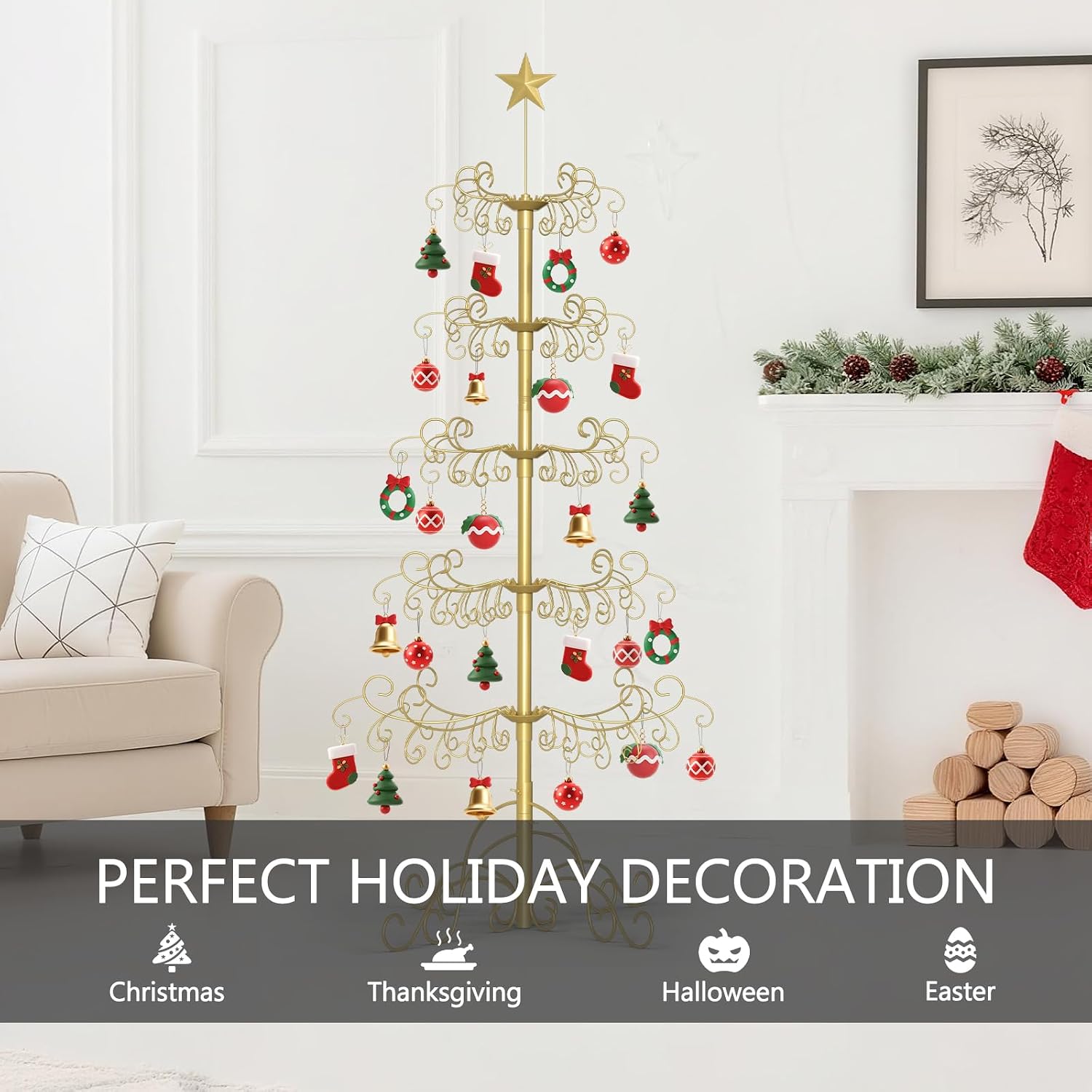 SUNYRISY 2Pack 6Ft Metal Ornament Display Stand Wrought Iron Christmas Tree with Wire Hanging Hooks for Holiday Christmas Halloween Balls Decoration Gift, Gold