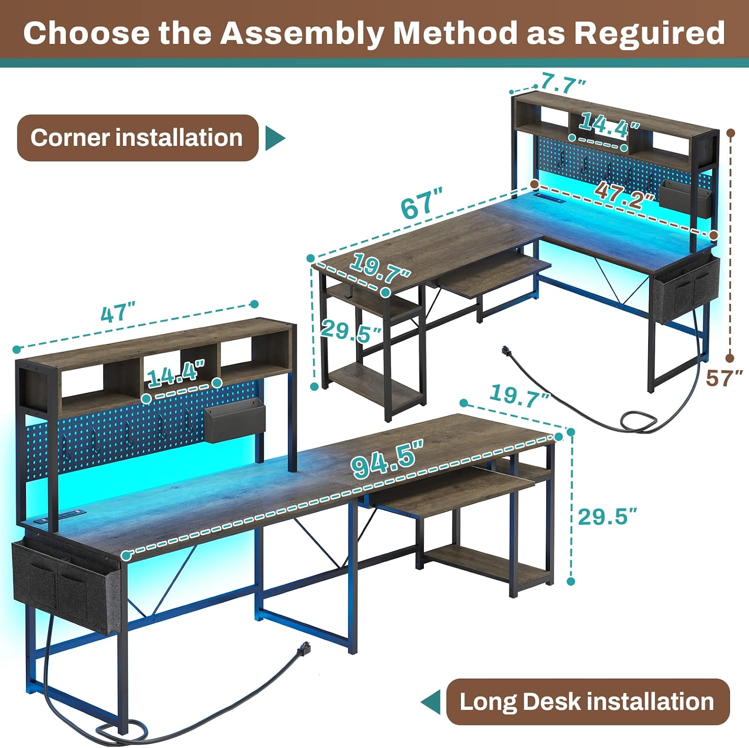 SEDETA L Shaped Desk, 94.5 Inch Office Desk with Power Outlet & Pegboard, L Shaped Desk with Led Light, Keyboard Tray, Storage Shelves and Headphone Hook for Home Office, Walnut Brown