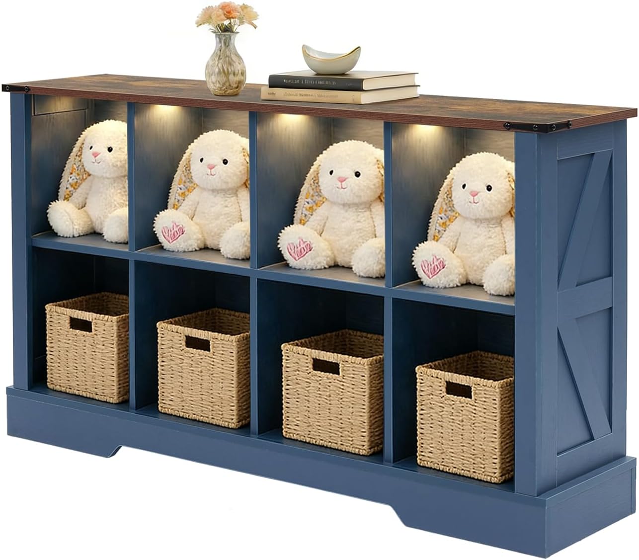 8 Cube Storage Organizer with LED Lights, Wooden Cube Bookcase with Back Panel, Blue Cube Shelf Freestanding Bookshelf, Hallway TV Stand for Living Room, Bedroom, Office