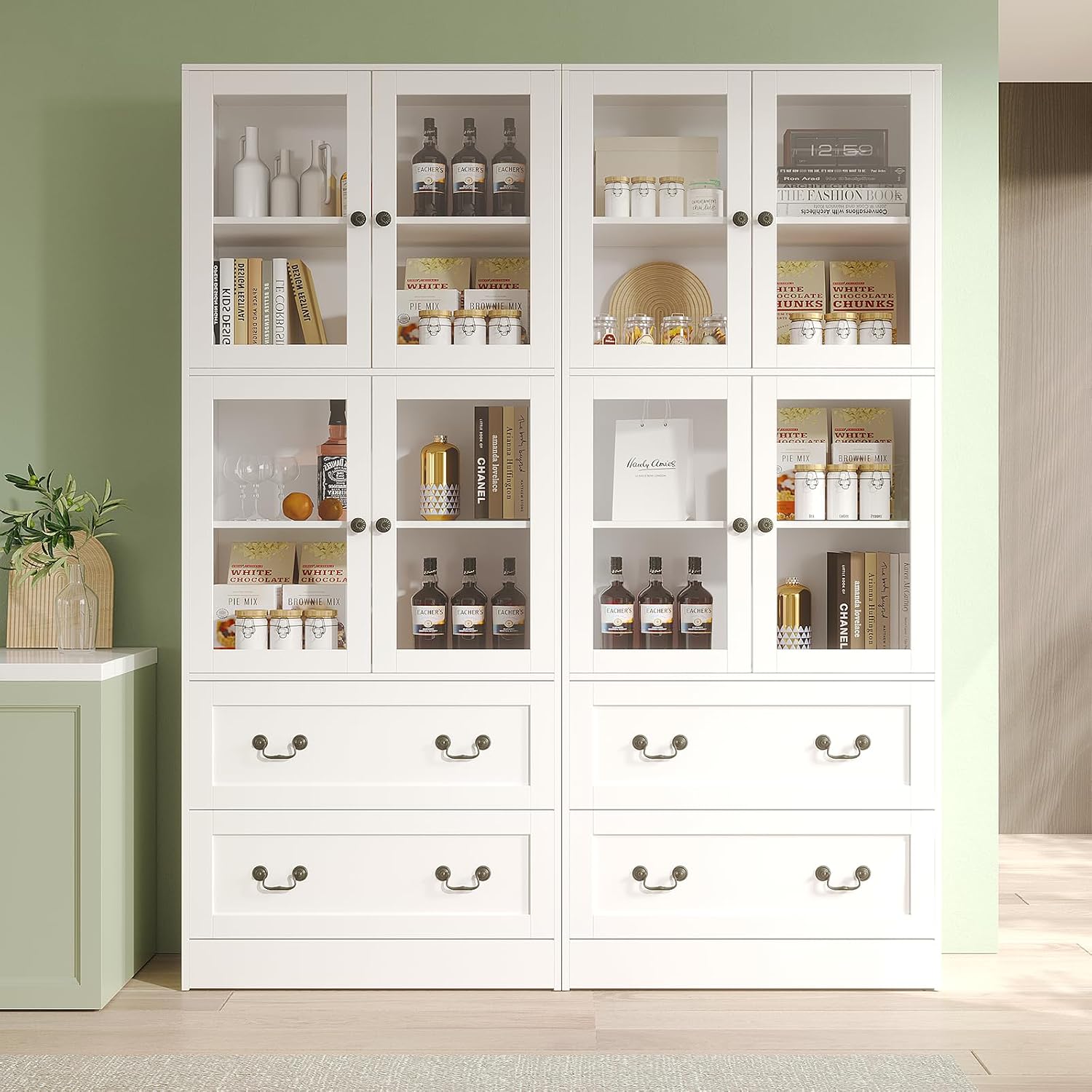 VOWNER 78.7' H Bookcase with Glass Doors, 4-Tier Bookshelves with 2 Drawers, Modern Display Storage Cabinet for Home Office, Living Room, White
