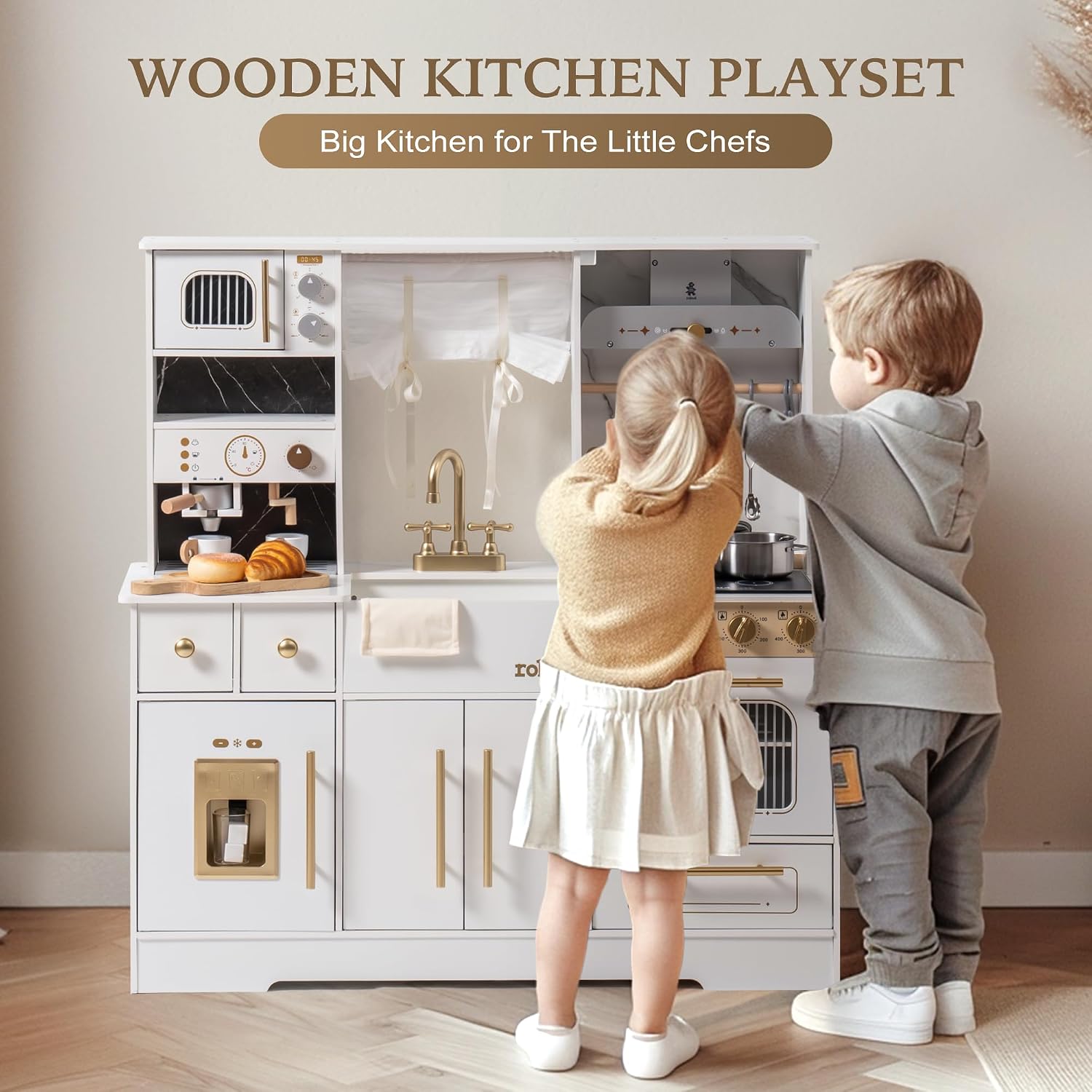 ROBUD Wooden Play Kitchen Set for Kids and Toddlers with Coffee Machine, Ice Maker, Microwave, Oven, Large Cabinet, 12 Accessories, Gift for 3+, White