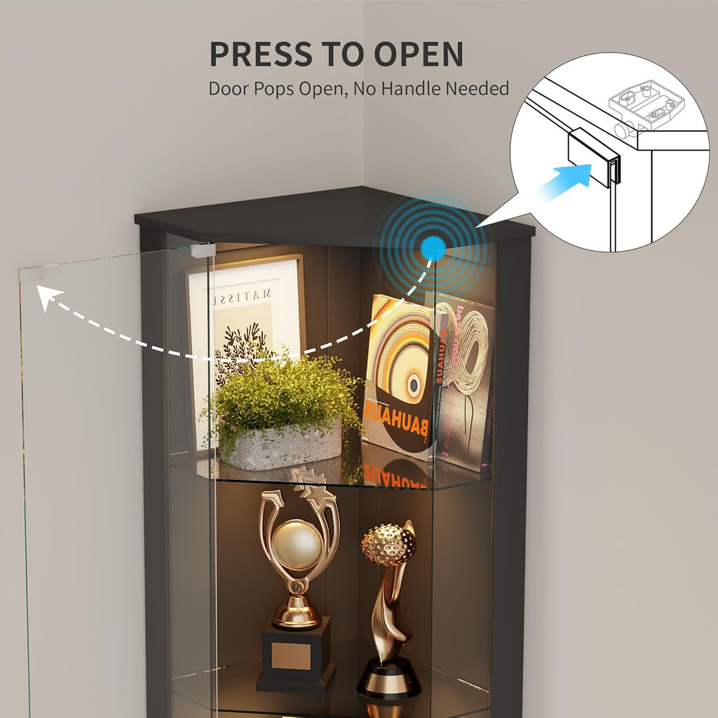 HNEBC 69' Tall Curio Display Cabinet with Glass Door and Movable Shelves,Corner Bookcase with LED Human Sensor Lights,5-Tier RGB Display Case for Collectibles,Bedroom Living Room