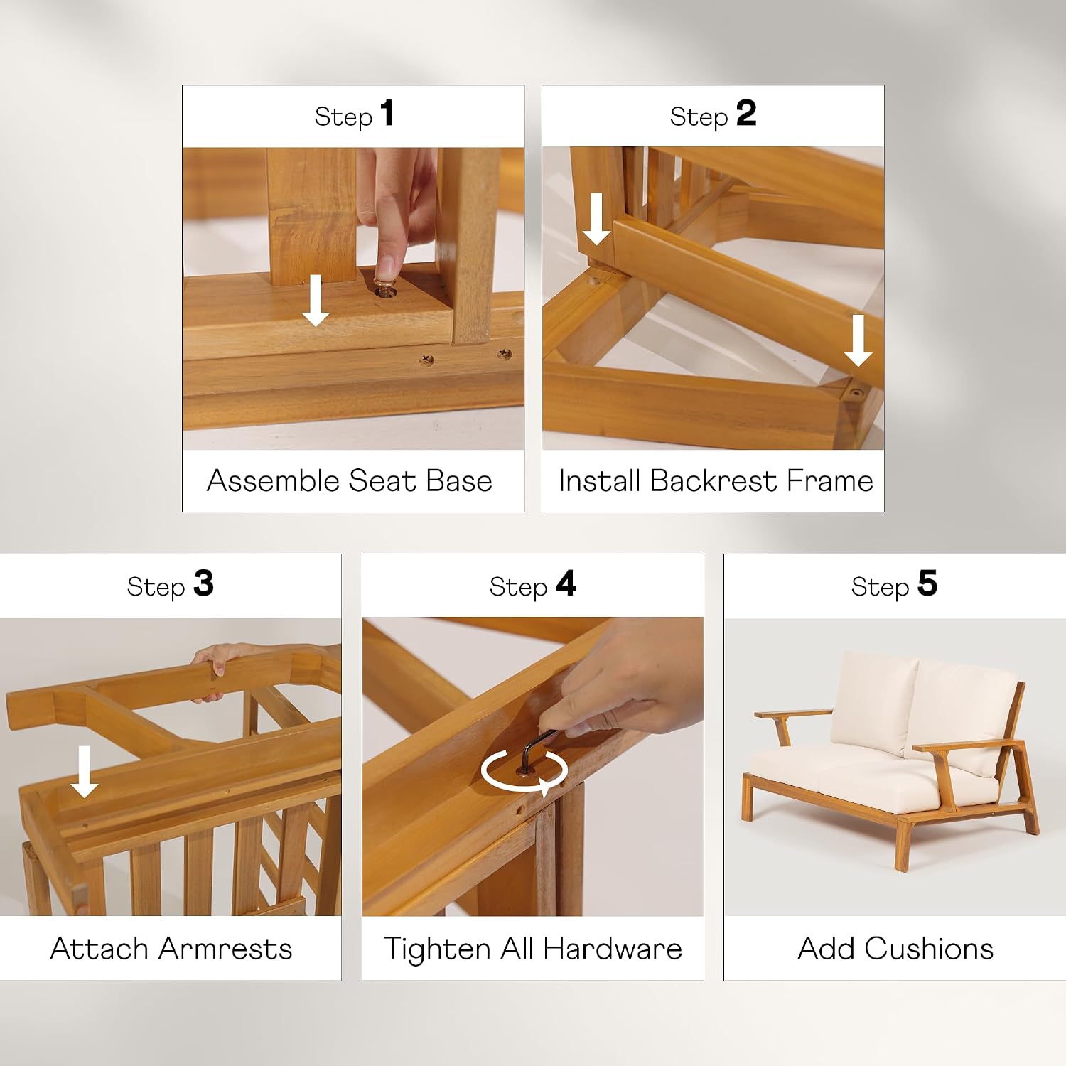 Idzo Jasper Solid Acacia Wood Loveseat Patio Set with Beige Cushions & Coffee Table – Modern Outdoor Furniture for Poolside, Garden, or Deck