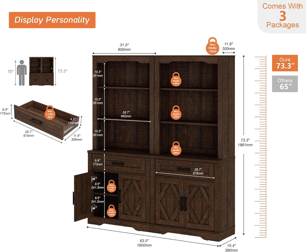 WAMPAT 5-Tier Bookcase with Barn Door Cabinets,73.3' Tall Standing Rustic Bookshelves,63' Wide Modern Farmhouse Display Storage Cabinet with Adjustable Shelves for Home,Office,Rustic Brown