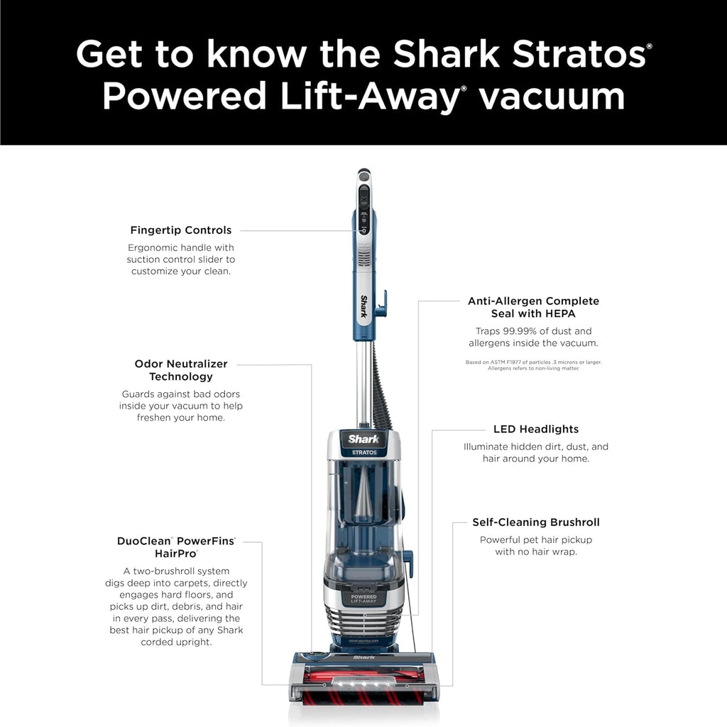 Shark Upright Vacuum, Stratos with DuoClean PowerFins, HairPro, Powered Lift-Away, Self-Cleaning Brushroll, & Odor Neutralizer Technology, Navy, AZ3002