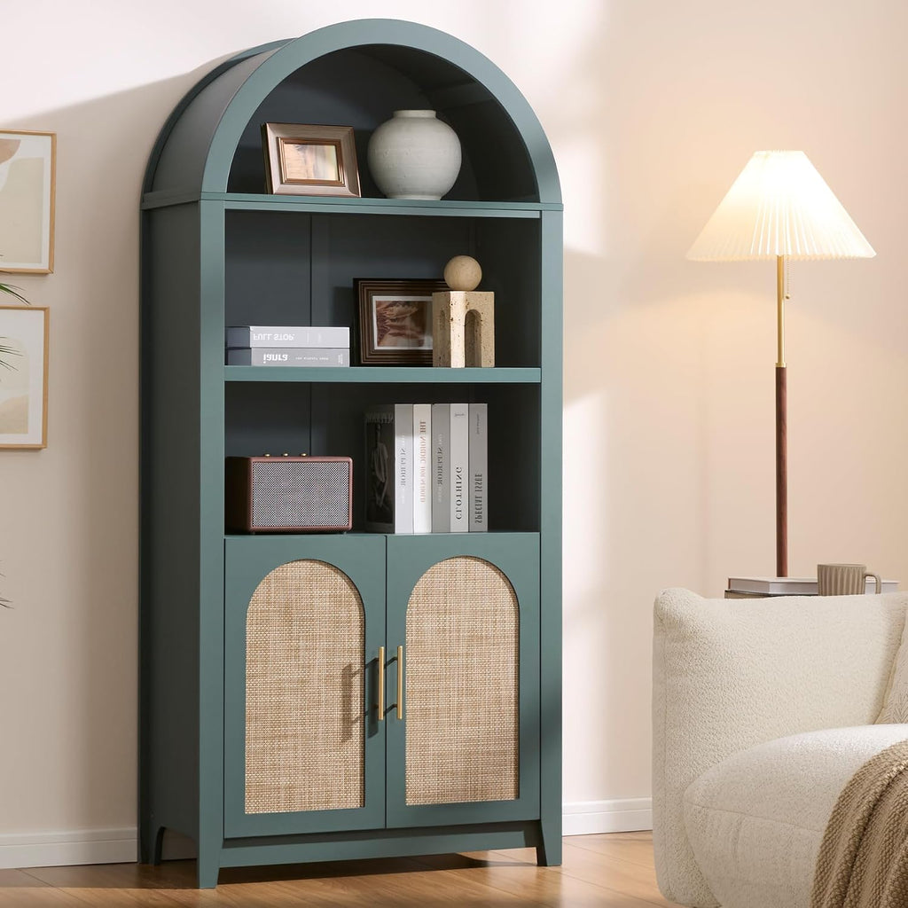 RowyPoey Rattan Arched Cabinet Bookshelf - 69.3' Tall Mid Century Display Cabinet, Rounded Bookcase with Rattan Doors, Open Shelf Storage for Dining Room (Green, 1 PC)