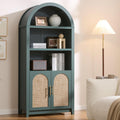 RowyPoey Rattan Arched Cabinet Bookshelf - 69.3' Tall Mid Century Display Cabinet, Rounded Bookcase with Rattan Doors, Open Shelf Storage for Dining Room (Green, 1 PC)