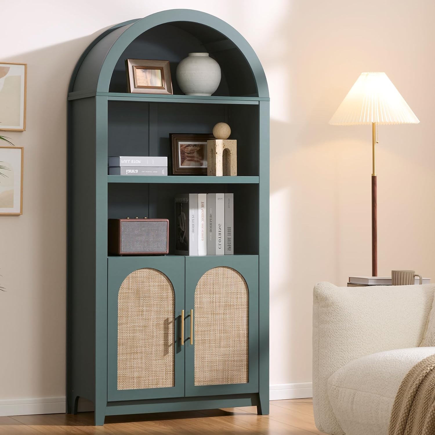 RowyPoey Rattan Arched Cabinet Bookshelf - 69.3' Tall Mid Century Display Cabinet, Rounded Bookcase with Rattan Doors, Open Shelf Storage for Dining Room (Green, 1 PC)