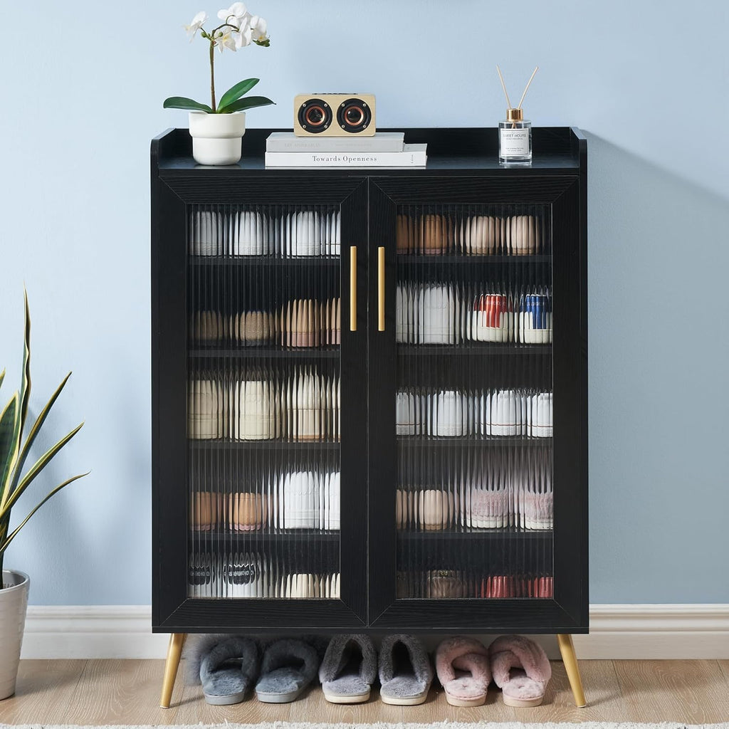 GarveeLife 5-Tier Shoe Cabinet with Glass Front Doors, Durable Storage Organizer Featuring Reinforced Support Legs, Modern Shoe Rack for Entryway or Front Door, Black Finish