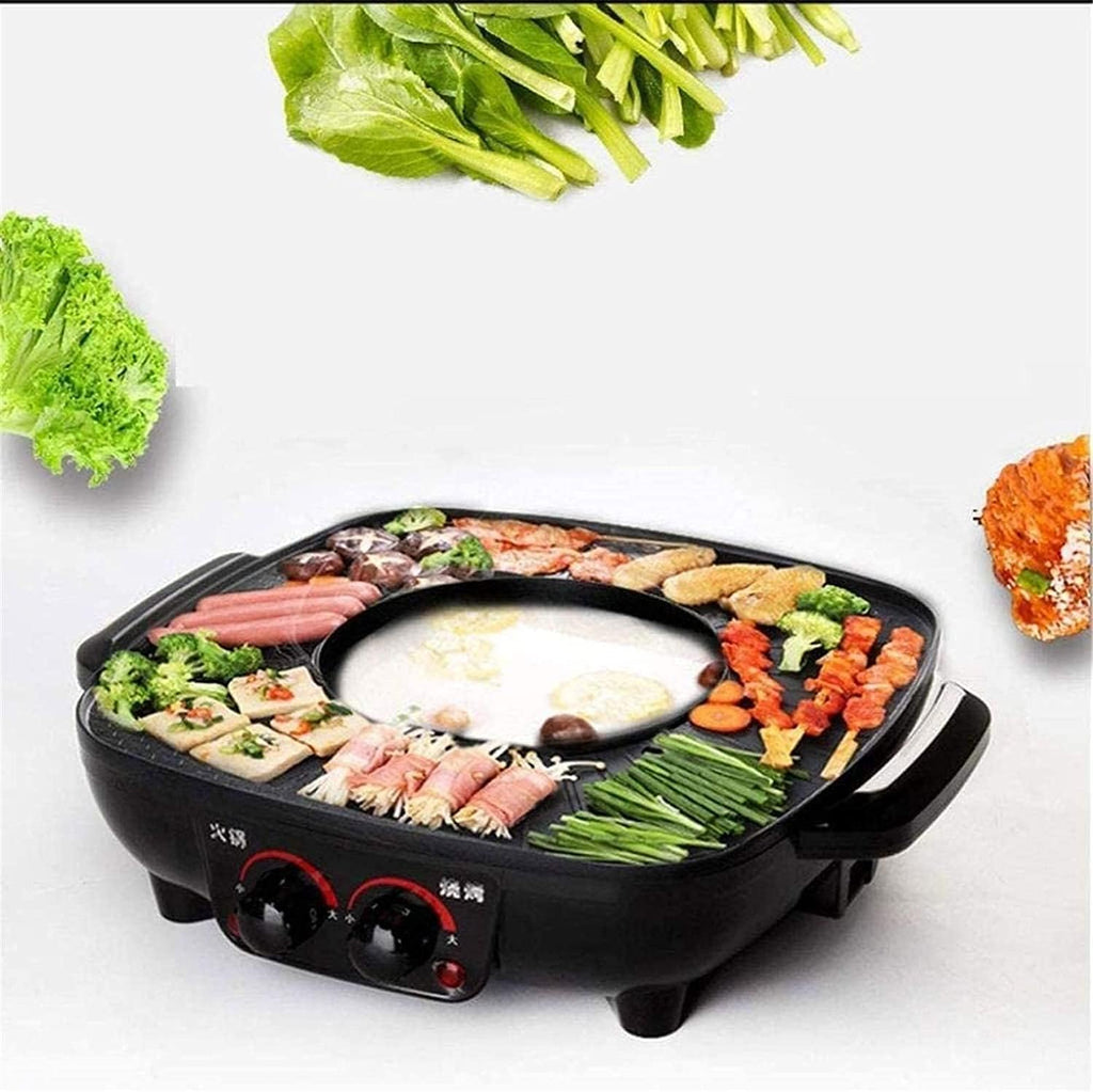 Electric BBQ Grill Indoor Electric Grill Square Black Dual Control Soup Roast Smoke Free Non-Stick Pan Electric Baking Pan Household Barbecue Dish Electric Hot Pot 1500W [Energy Class A],Port