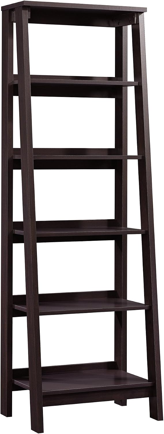 Sauder Ladder Bookshelf 5 Tier Trestle Ladder Shelf Wooden Bookcase, in Jamocha Wood