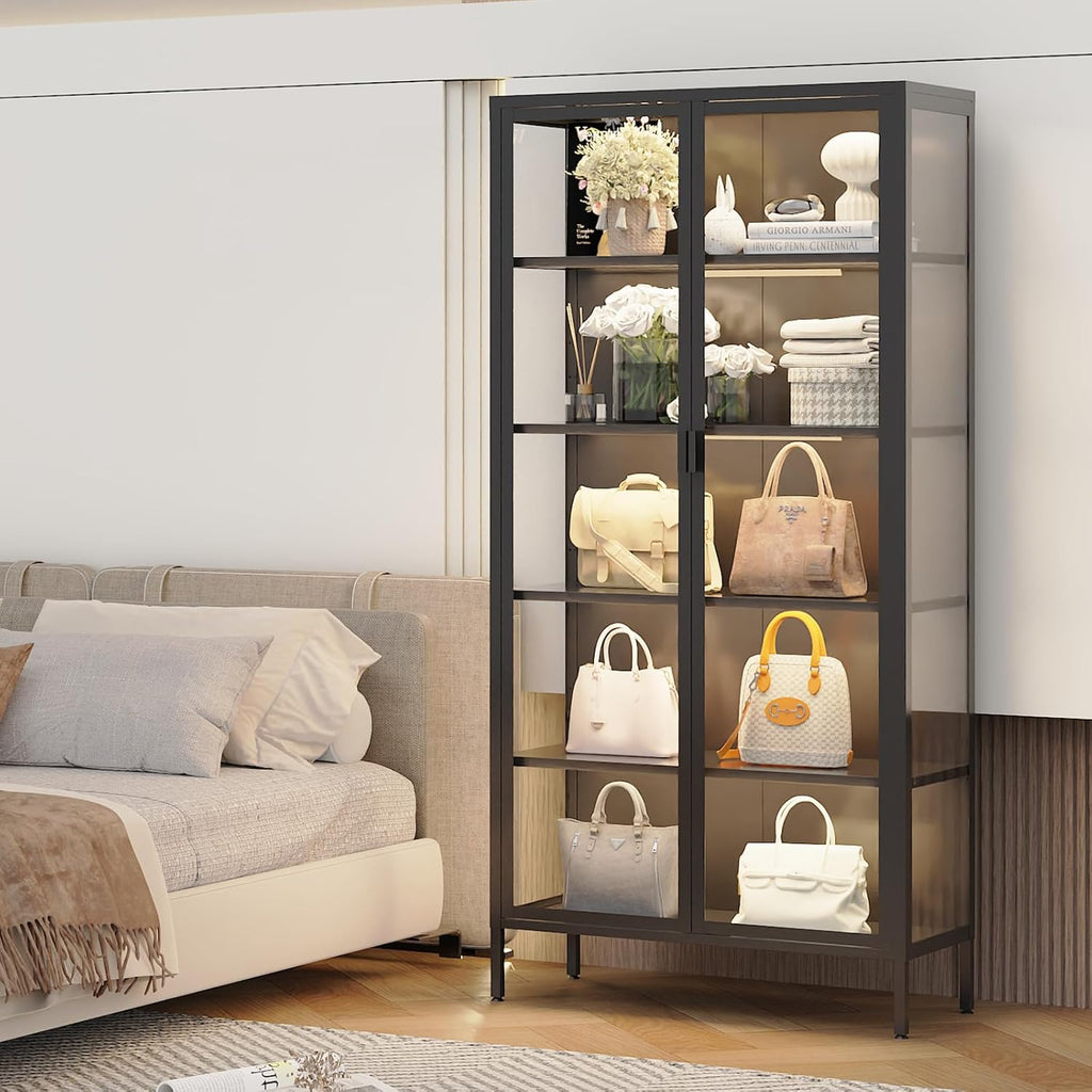 71' H Display Cabinet with Glass Doors,Display Case with LED Sensor Lights,Glass Display Cabinet with Adjustable Shelves and Feet,Display Cabinets for Living Room/Bedroom/Kitchen