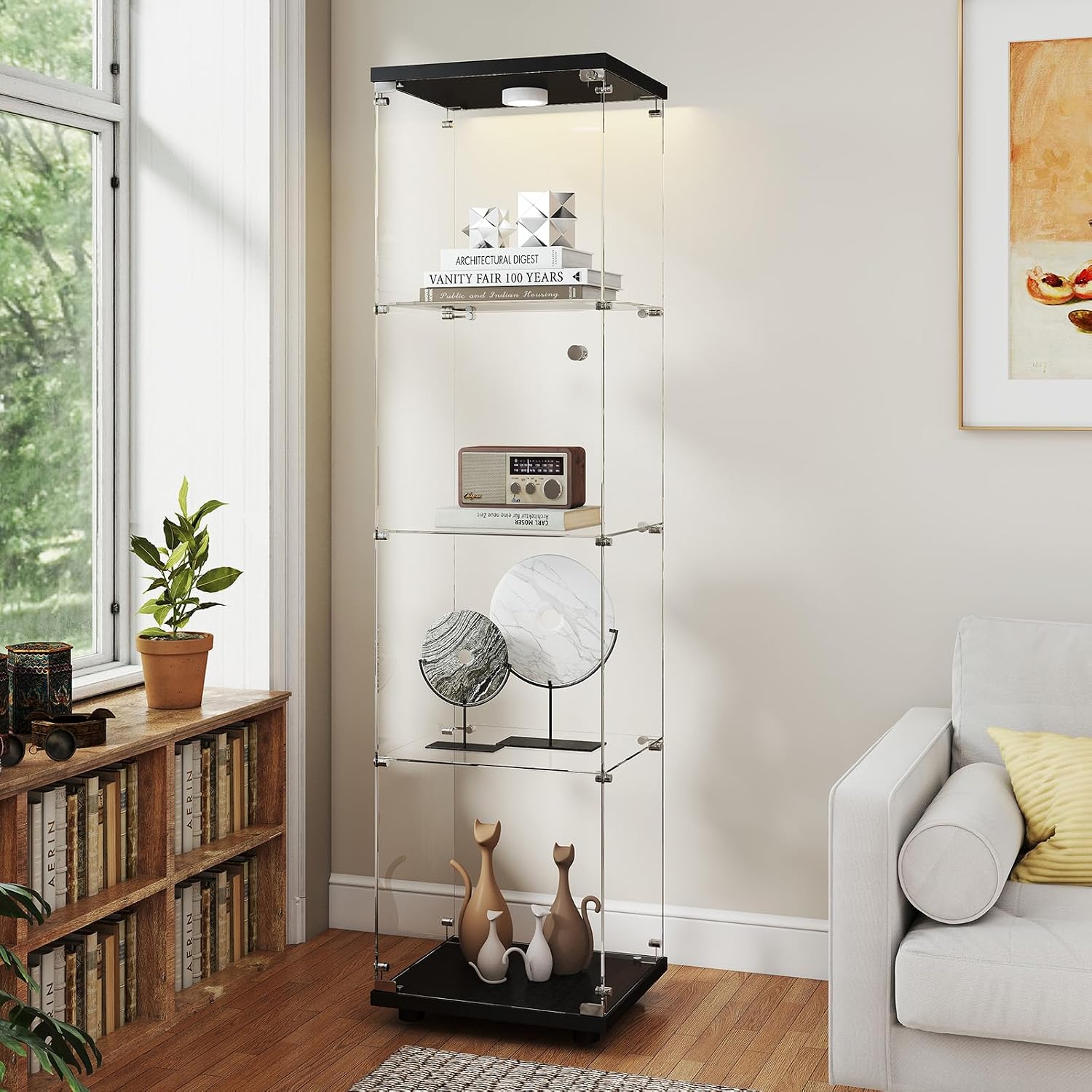 Zevemomo Tempered Glass Display Cabinet with Lights, 4-Tier Curio Cabinet with Glass Doors and Lock, Glass Display Case for Collectibles, for Living Room, Bedroom, Office, Single Door, Black