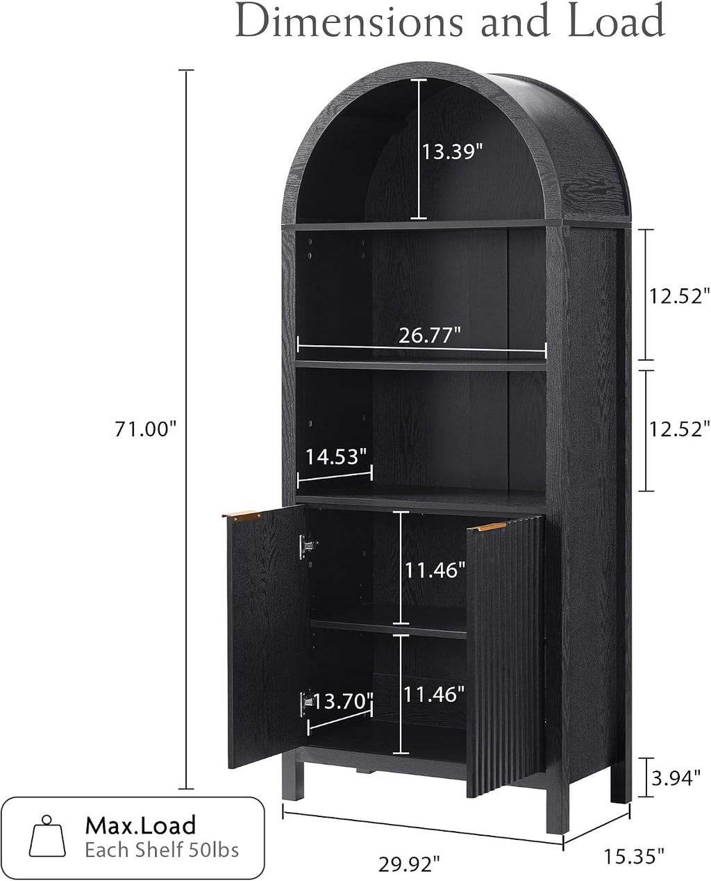 Arched Cabinet Bookshelf Bookcase - 71' Tall Mid Century Arched Display Cabinets, Rounded Bookshelf with Fluted Doors, Open Shelf Storage Cabinet for Dining Room (Black)