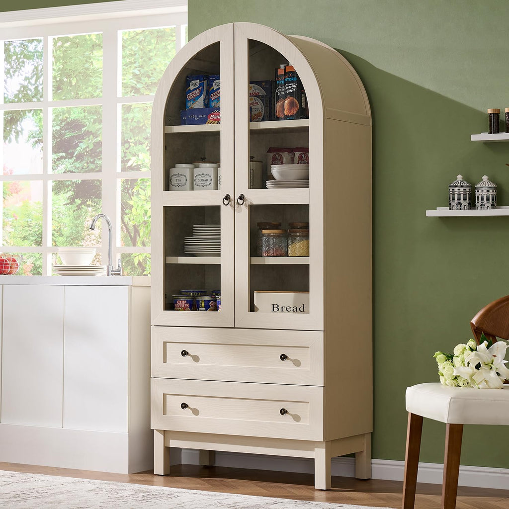 IFGET 71' Tall Arched Kitchen Pantry Cabinet, Wood Kitchens Storage Cabinets with 2 Large Drawers and Adjustable Shelves, Modern Farmhouse Versatile Cupboard for Kitchen, Dining Room, Bathroom, Cream