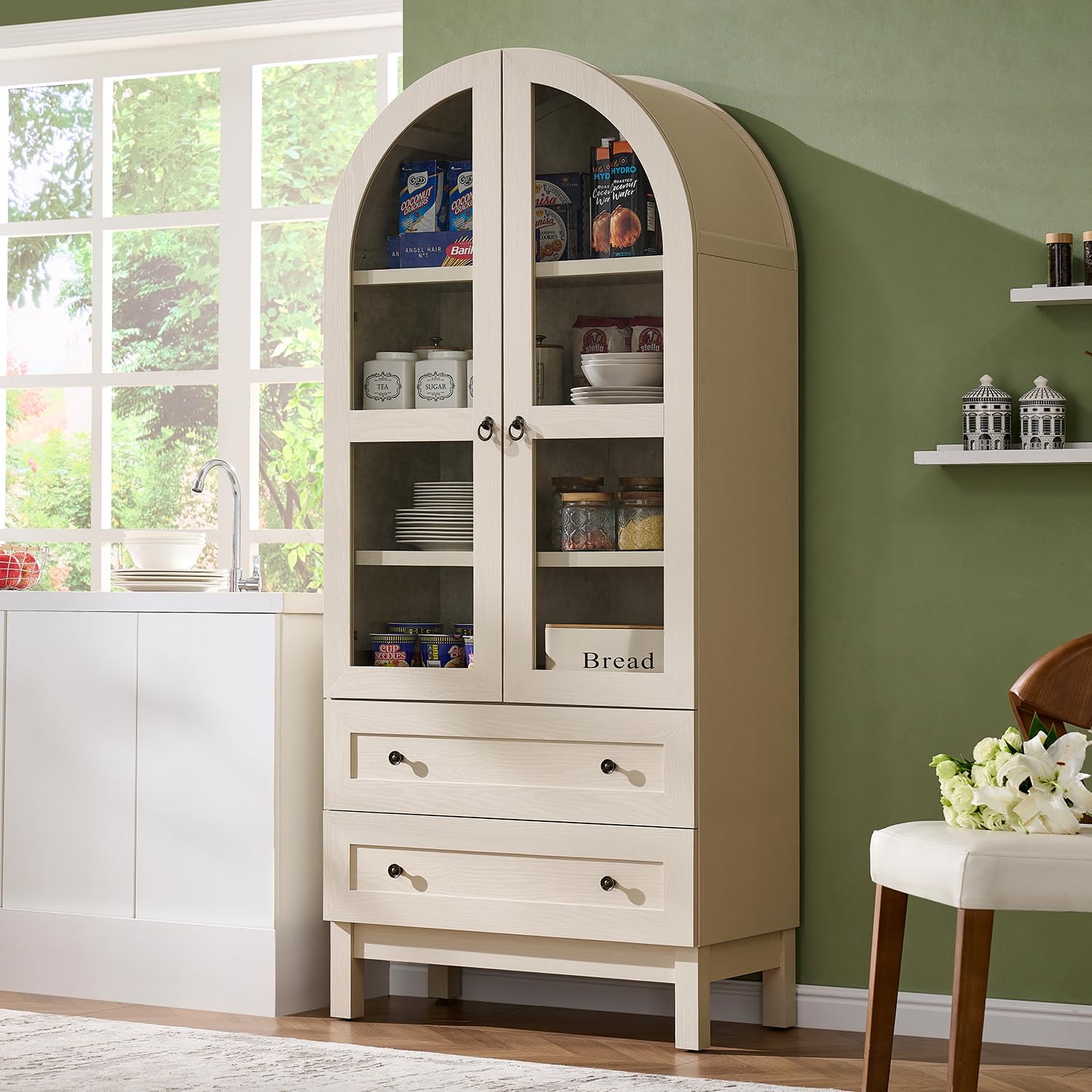 IFGET 71' Tall Arched Kitchen Pantry Cabinet, Wood Kitchens Storage Cabinets with 2 Large Drawers and Adjustable Shelves, Modern Farmhouse Versatile Cupboard for Kitchen, Dining Room, Bathroom, Cream