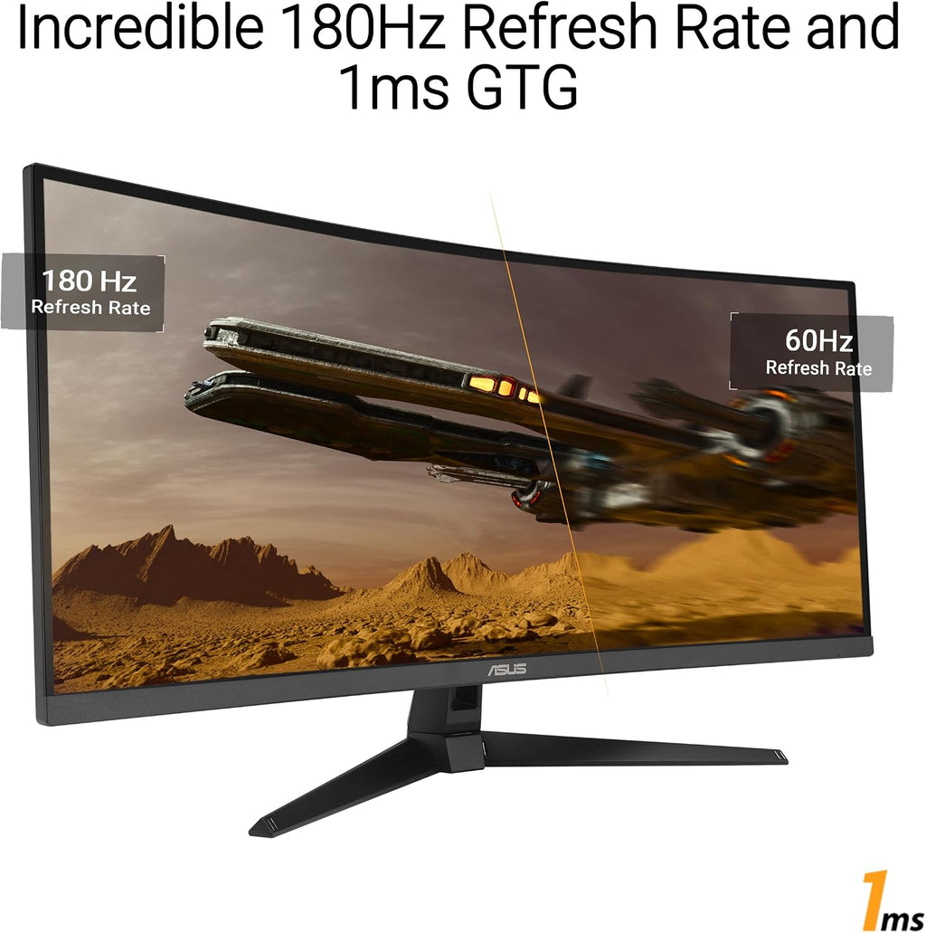 ASUS TUF Gaming 34' Ultra-Wide Curved Monitor (VG34VQ3B) – 21:9 QHD (3440x1440), 180Hz, 1ms, Extreme Low Motion Blur Sync, FreeSync Premium, Speaker, 90% DCI-P3, DisplayWidget Center, 3 yr Warranty