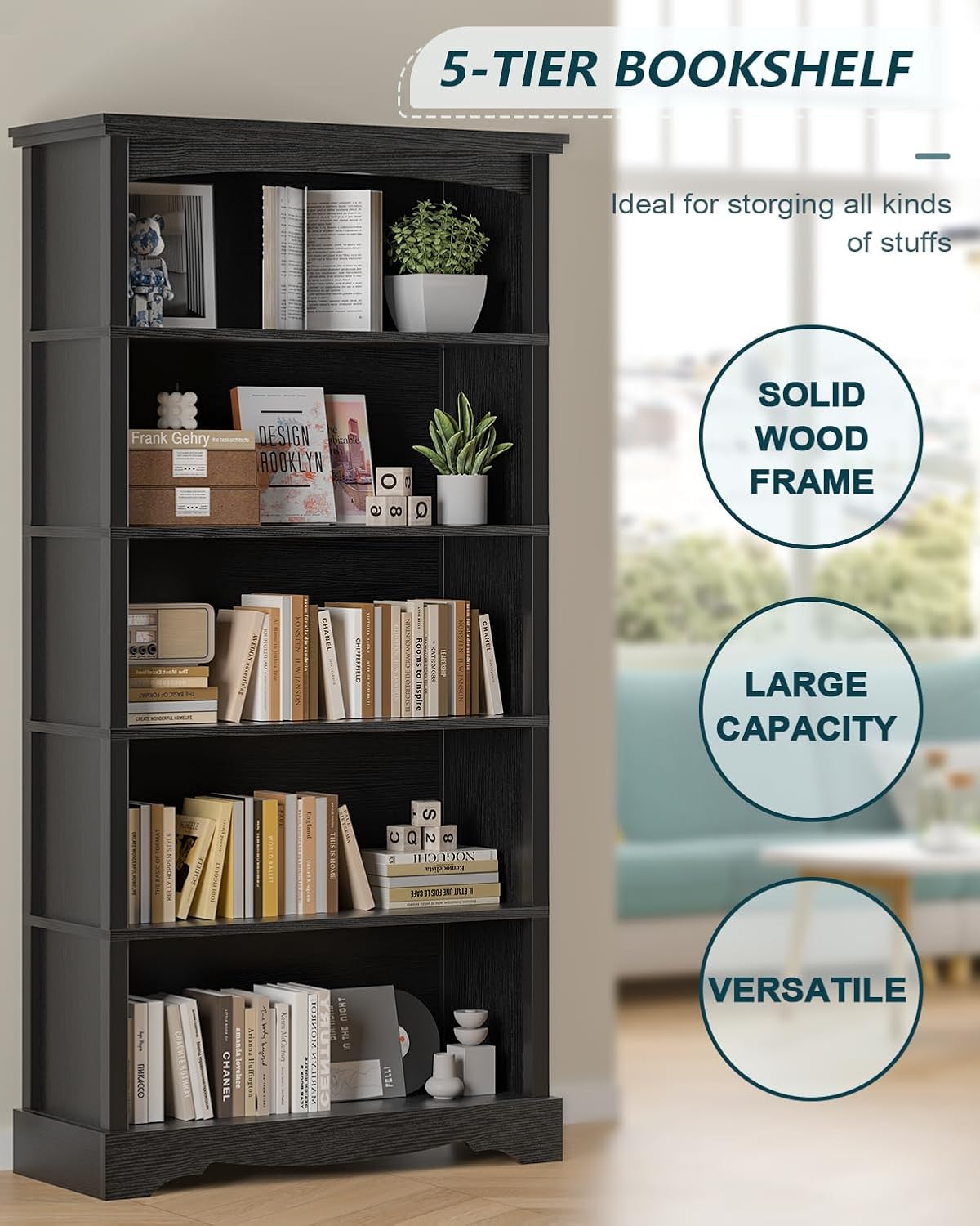 TVU 5-Tier Wooden Bookshelf, 31.5' W x 65' H ×9.9' D Bookshelf with Storage, Floor Standing Modern Style Display Bookcase for Living Room, Office, Study Room, Entryway, Black