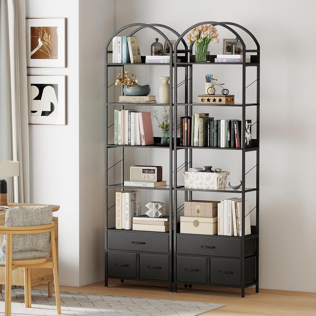 Turosur 83.4' Tall Narrow Bookshelf with 3 Drawers, Arched Bookcase with LED Lignts, 6-Tier Open Bookshelf with Metal Frame, Black