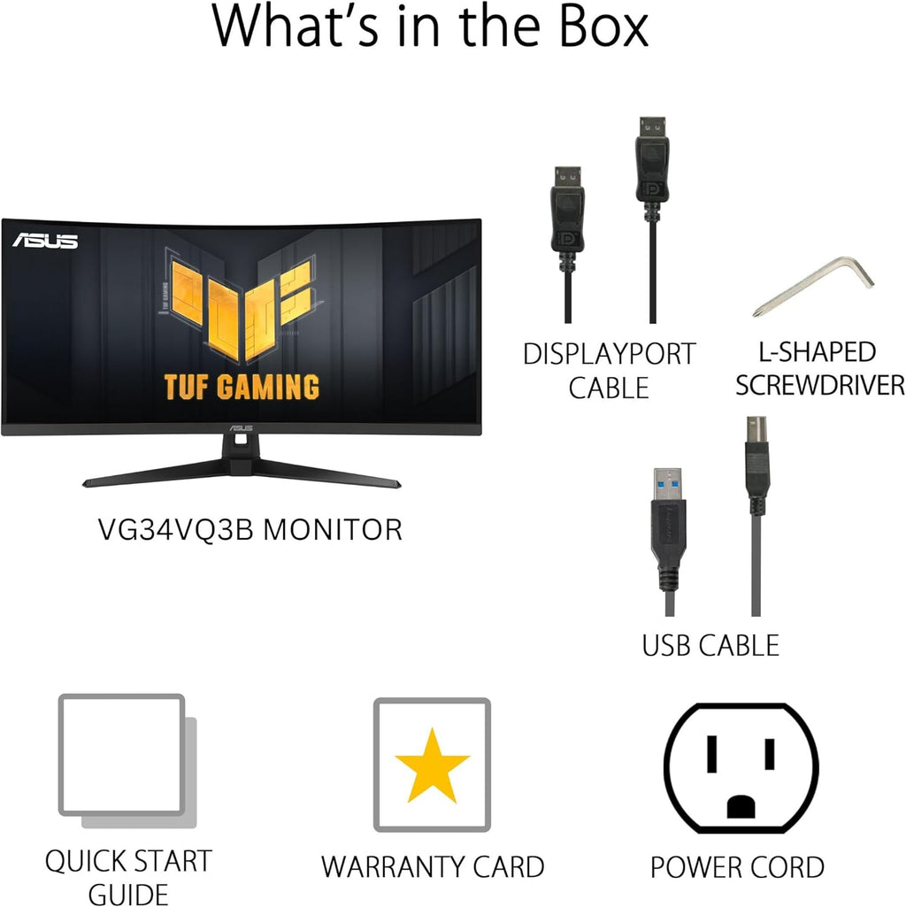 ASUS TUF Gaming 34' Ultra-Wide Curved Monitor (VG34VQ3B) – 21:9 QHD (3440x1440), 180Hz, 1ms, Extreme Low Motion Blur Sync, FreeSync Premium, Speaker, 90% DCI-P3, DisplayWidget Center, 3 yr Warranty