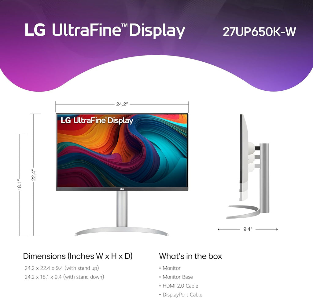 LG 27UP650K-W 27-inch Ultrafine 4K UHD (3840 x 2160) IPS Computer Monitor, 60Hz, 5ms, DisplayHDR 400, Reader Mode, Flicker Safe, HDMI, DisplayPort, Tilt/Height/Pivot Adjustable Stand, White