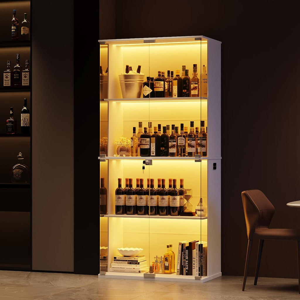 Display Cabinet with Glass Door,Lighted 4-Tier Curio Cabinet with3 Color Lights for Collectibles Bookcases,66' Lockable Display Case with Human Body Sensor,White