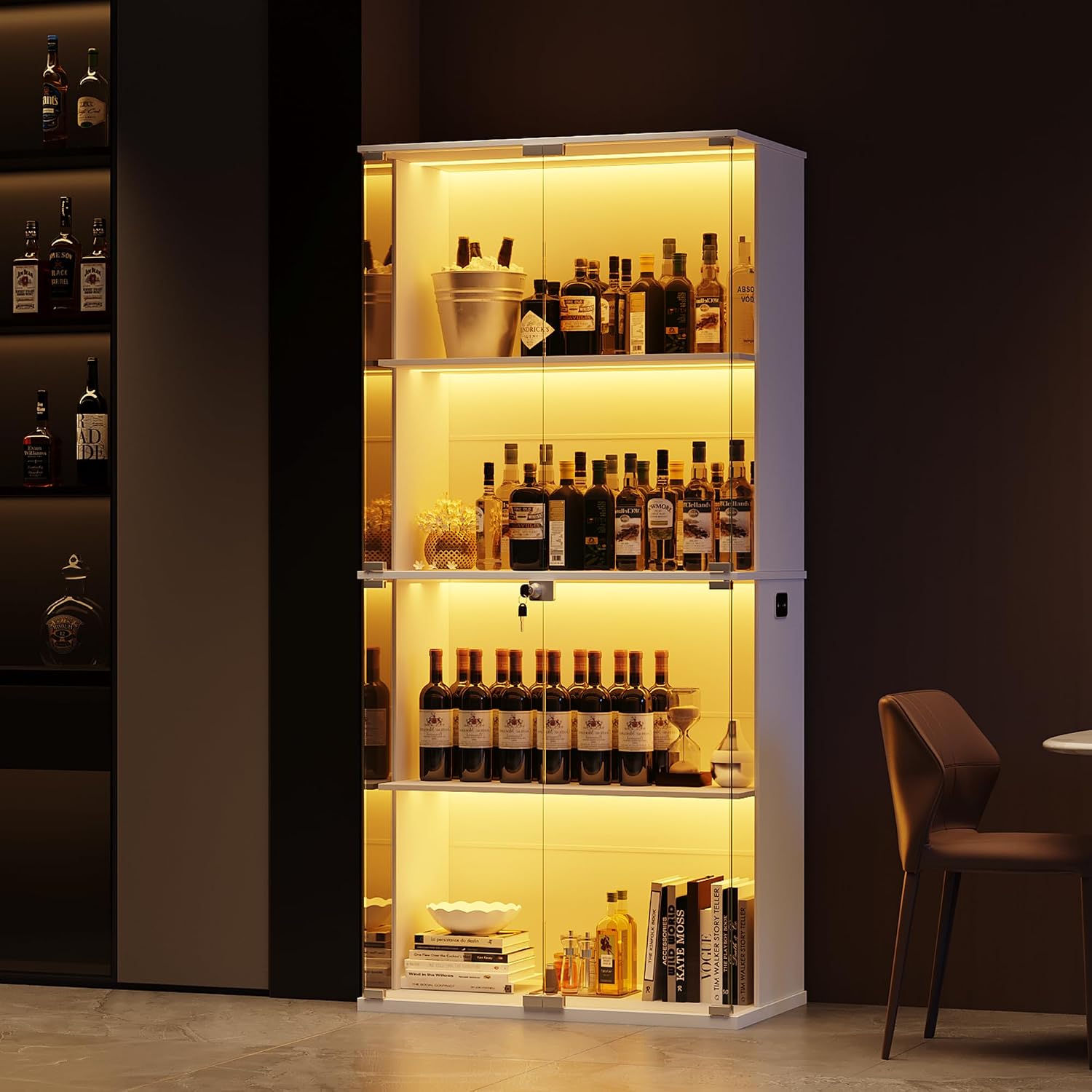 Display Cabinet with Glass Door,Lighted 4-Tier Curio Cabinet with3 Color Lights for Collectibles Bookcases,66' Lockable Display Case with Human Body Sensor,White