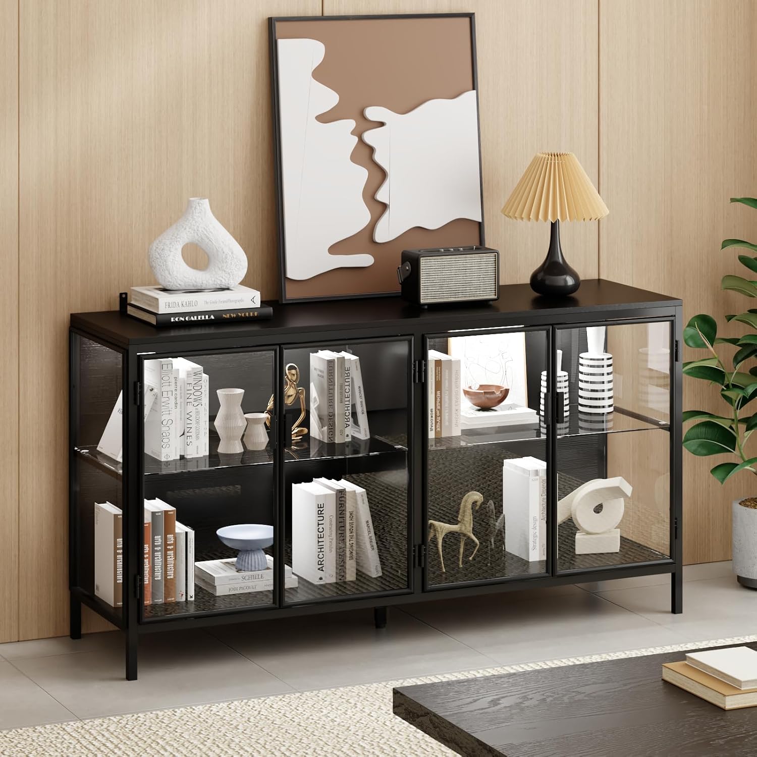 FUFU&GAGA Sideboard Buffet with LED Lights, Glass Doors, Modern Display Cabinet with Glass Shelves, Black Cupboard Credenza with Metal Legs, for Living Room Kitchen, 55.1'W x 15.7'D x 29.5'H