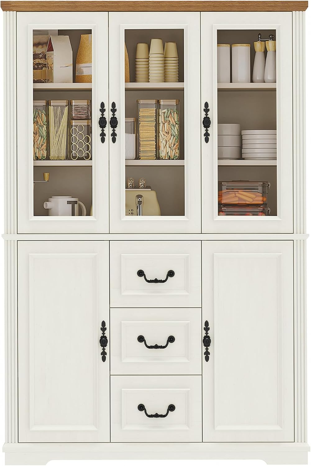 YITAHOME 71' H x 47' W Kitchen Pantry with 3 Drawers, Large Storage Cabinet with 3 Glass Doors & Adjustable Shelves, Freestanding Tall Display China Cabinet for Living & Dining Room, White