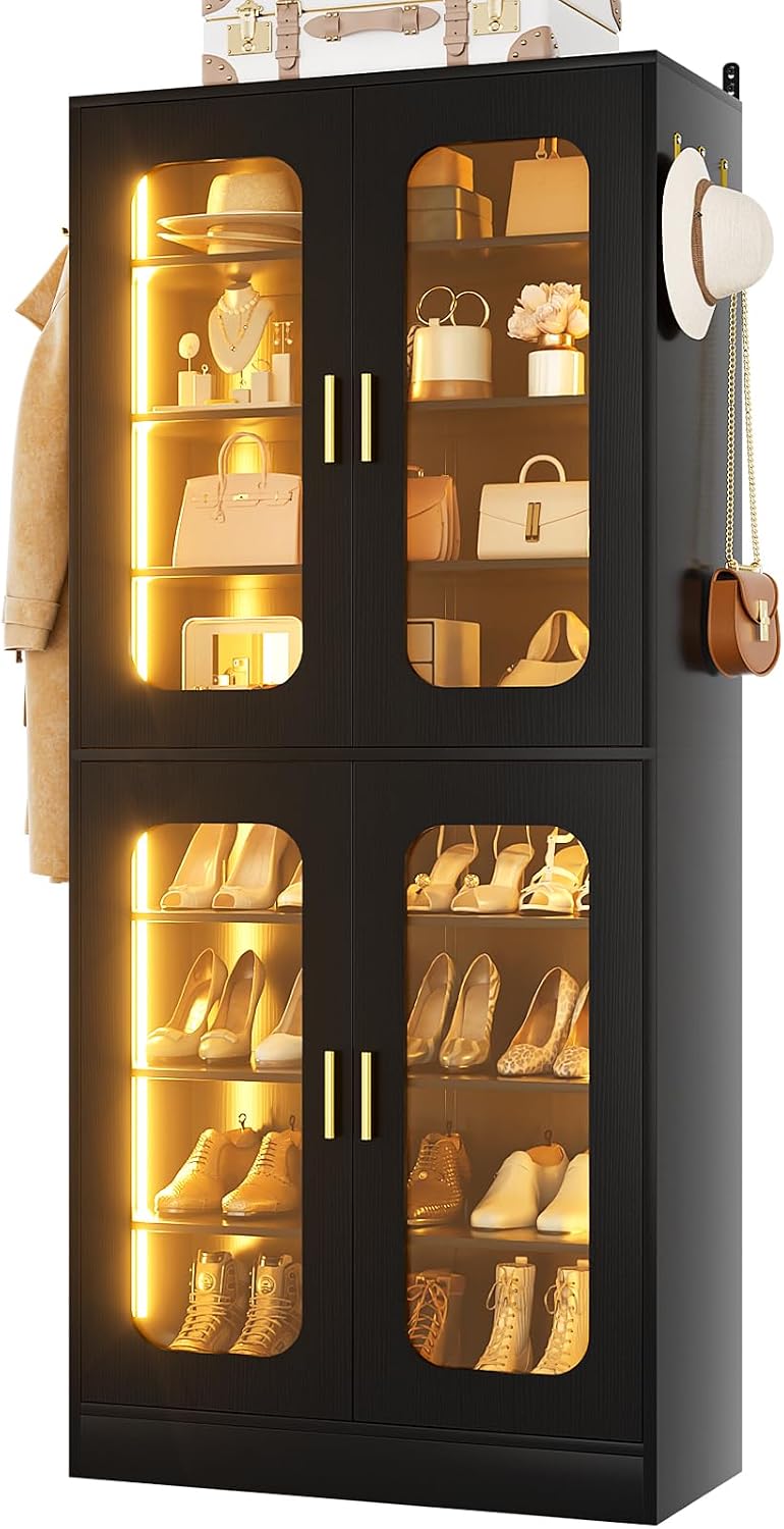 Cyclysio 67' Display Cabinet with PC Doors & LED Lighting - 8-Tier Storage Cabinet with 330lb Capacity & Adjustable Shelves for Entryway, Bedroom (Black, Set of 1)