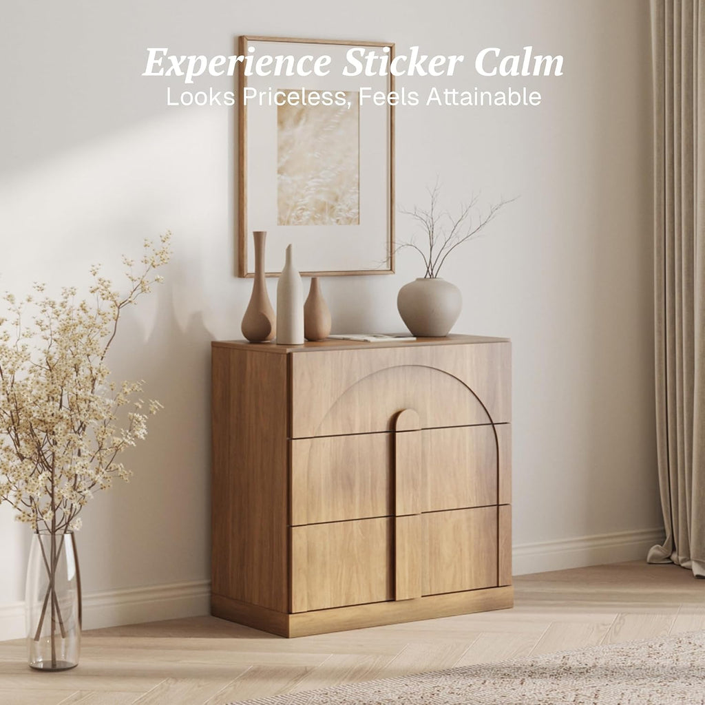BELLEZE Sideboard Cabinet with 3 Drawers, Modern Wood Buffet Cabinet with Arc Design, Large Fluted Sideboard with Storage for Dining Room Living Room Entryway, Camel