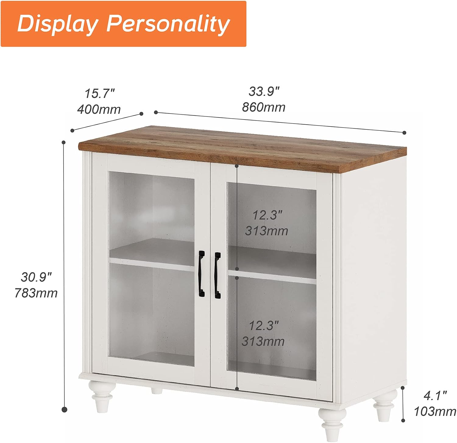 WAMPAT Sideboard Buffet Cabinets with Glass Door, Kitchen Storage Cabinets with Curved Edge, Wood Coffee Bar Tables with Vintage Gourd Leg, Accent Table for Dining Room, Living Room, Off White