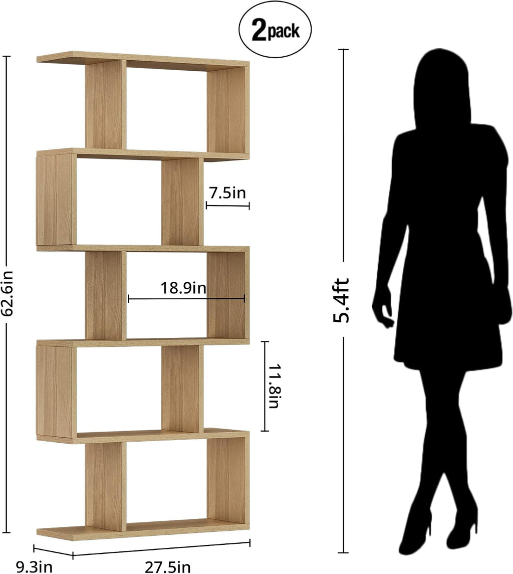 DIYART 5-Tier Geometric Bookcase (Set of 2), 62.6' Tall S-Shaped Bookshelf & Room Divider, Modern Oak Freestanding Display Shelving Unit for Living Room, Hallway, Home Office